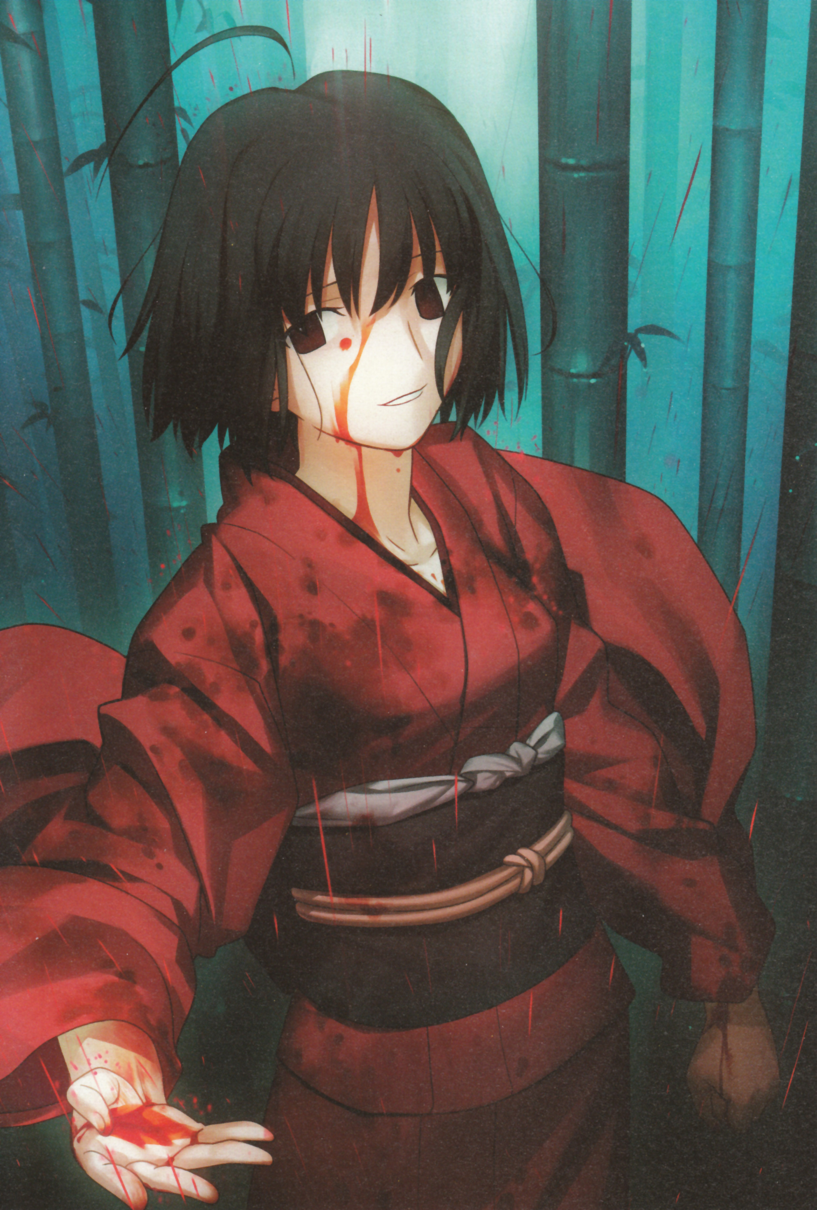 takeuchi takashi, ryougi shiki, kara no kyoukai, absurdres, highres, official art, scan, scan artifacts, 1girl, ahoge, bamboo, bamboo forest, black hair, blood, empty eyes, female focus, forest, japanese clothes, kimono, nature, short hair, solo