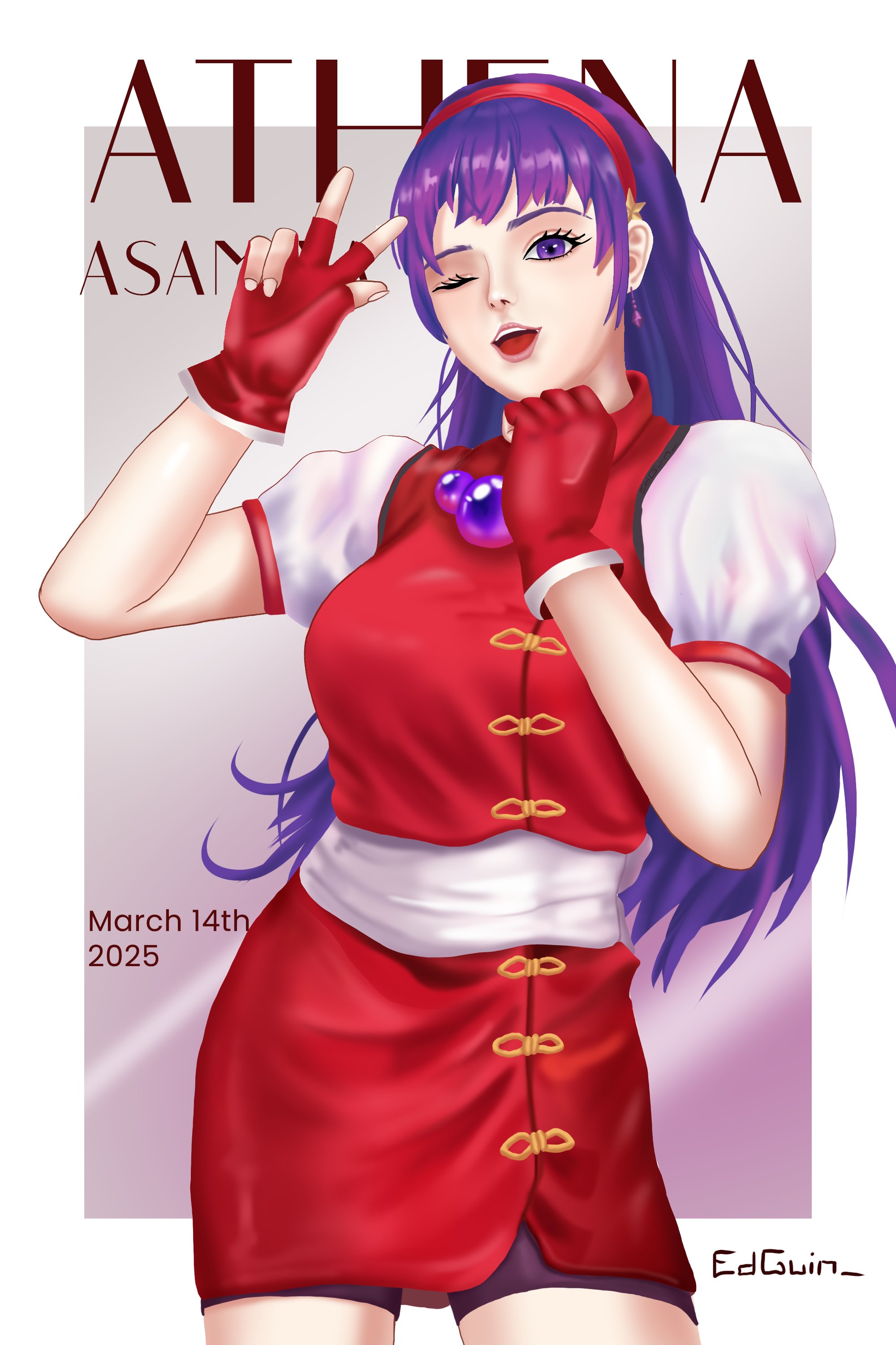 asamiya athena, the king of fighters, 1girl, bike shorts, bike shorts under skirt, breasts, dress, earrings, edguin , female focus, gloves, hairband, hands up, huge breasts, jewelry, large breasts, long hair, looking at viewer, one eye closed, open mouth, pale skin, pants, purple eyes, purple hair, skirt, smile, smiley face, star (symbol), thighs, tight clothes, tight pants, wide hips