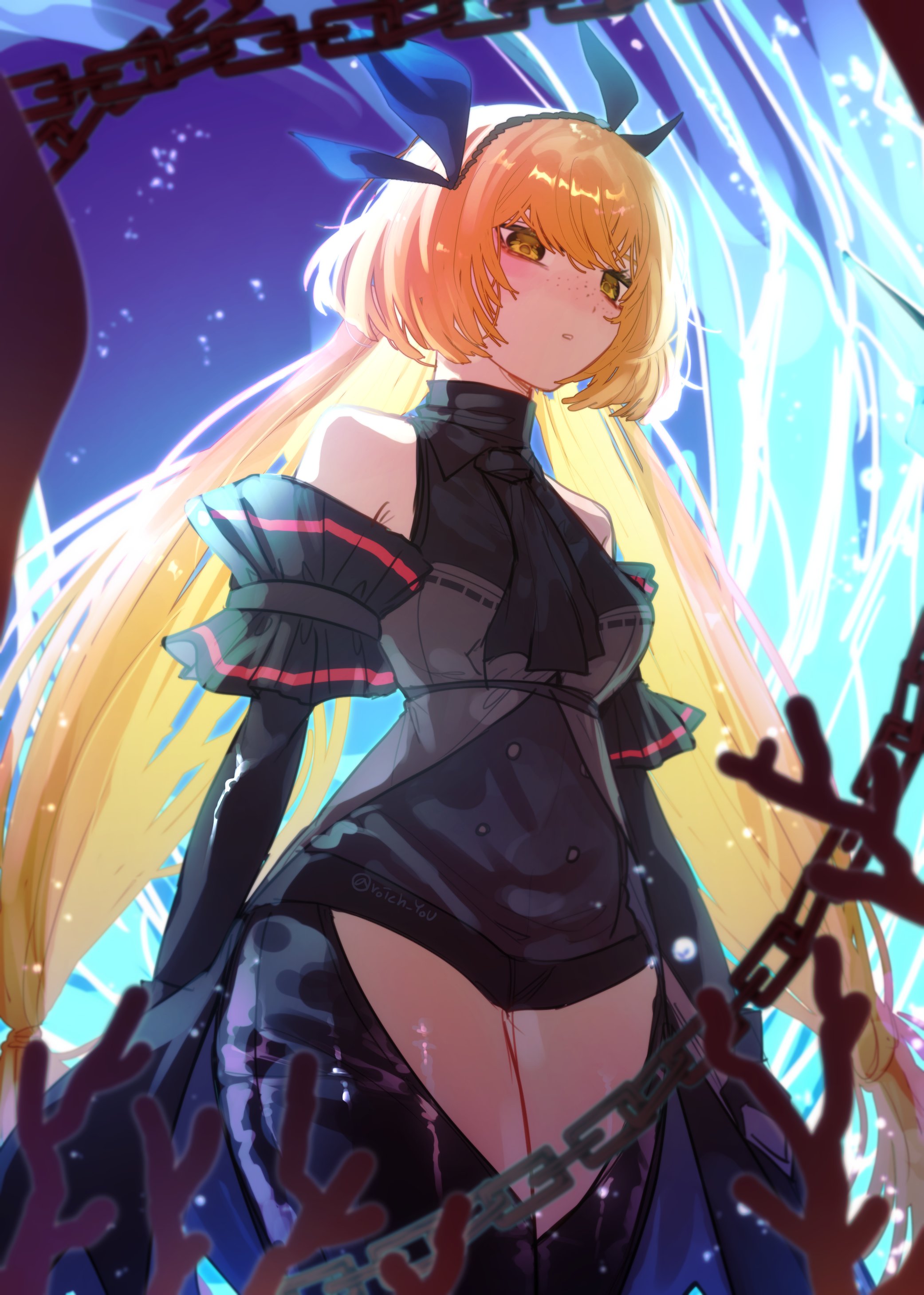 pmchell 04, ishmael (project moon), skadi (arknights), arknights, limbus company, project moon, absurdres, commentary request, highres, korean commentary, 1girl, ascot, bare shoulders, black ascot, blue ribbon, breasts, chain, clothing cutout, coral, cosplay, e.g.o (project moon), freckles, green eyes, hair ornament, hair ribbon, long hair, orange hair, parted lips, ribbon, skadi (arknights) (cosplay), solo, thigh cutout