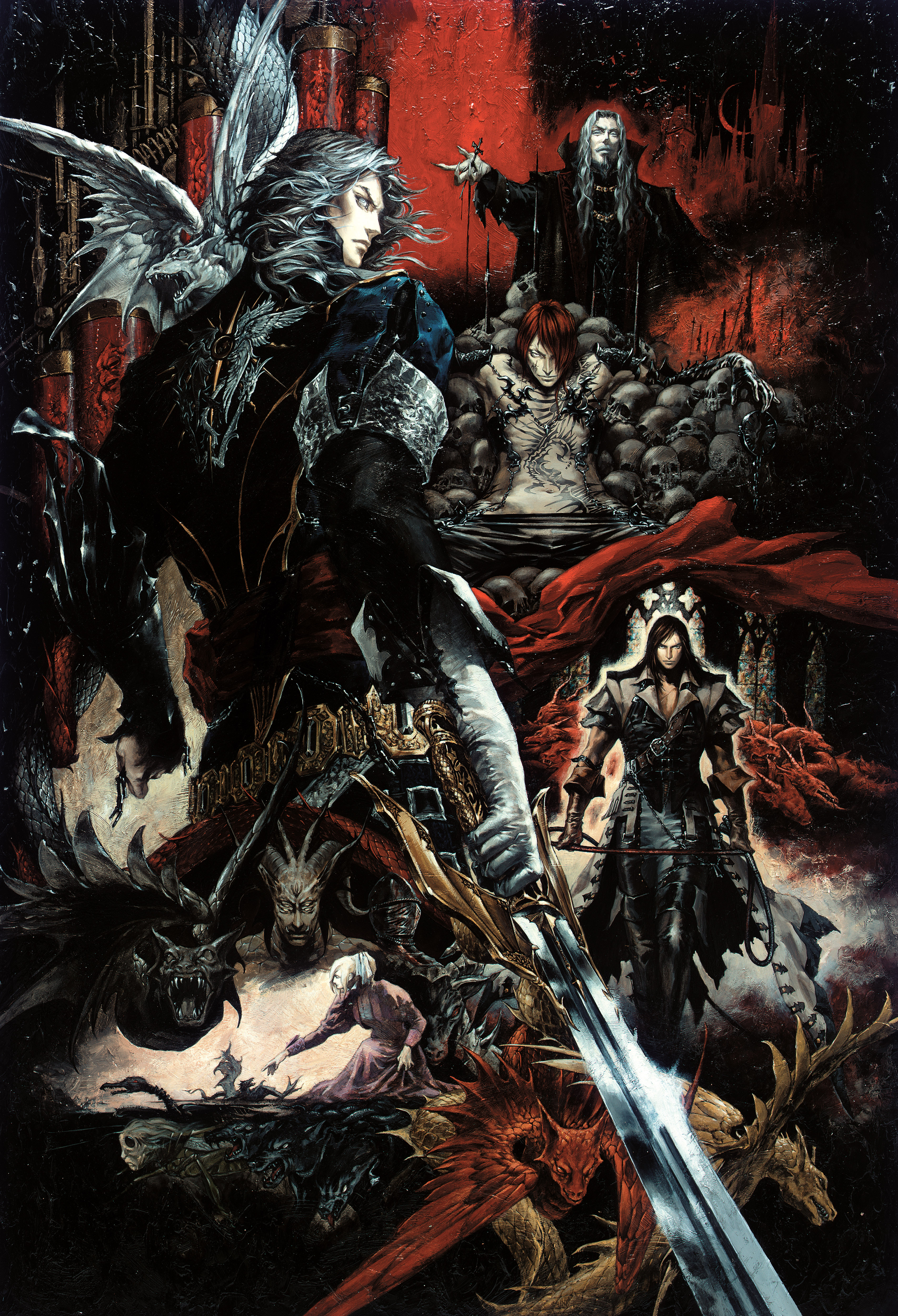 issac, kojima ayami, dracula, dracula (castlevania), hector (castlevania), issac (castlevania), julia laforeze, ralph c belmont, castlevania: curse of darkness, castlevania (series), konami, absurdres, highres, official art, traditional media, 1girl, 5boys, bishounen, demon, male focus, monster, multiple boys, skull, sword, vampire, weapon, whip