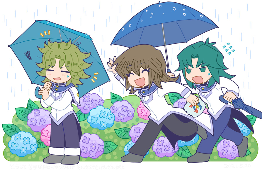 moisukii, fujiwara yuusuke, marufuji ryo, tenjouin fubuki, yu-gi-oh!, yu-gi-oh! gx, 3boys, arm up, black pants, blue flower, boots, brown hair, closed umbrella, flower, flying sweatdrops, full body, green hair, grey boots, holding, holding umbrella, hydrangea, jacket, male focus, multiple boys, pants, purple flower, running, spring (season), squiggle, umbrella, waving, white jacket