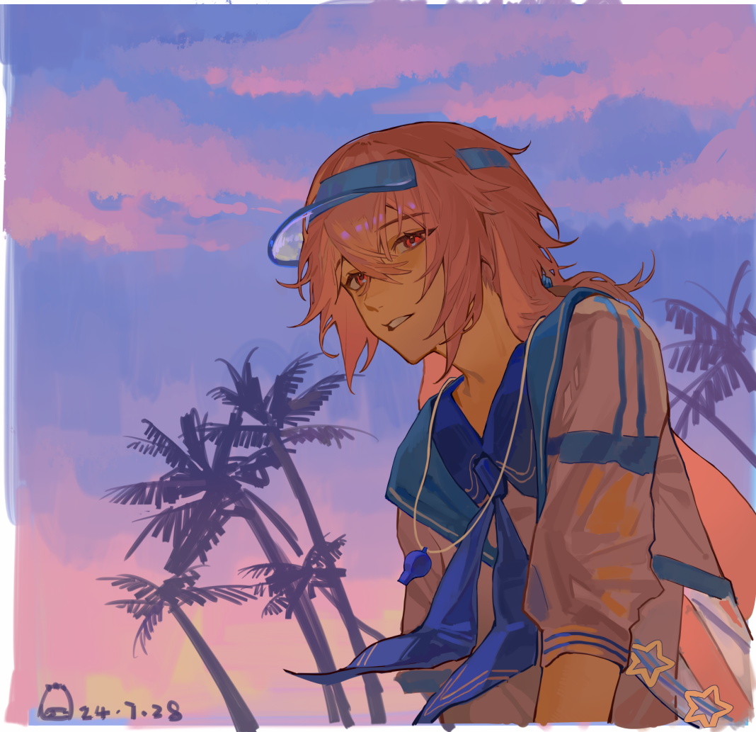 yonghu7553459251, ansel (arknights), arknights, 1boy, androgynous, animal ears, blue neckerchief, hair between eyes, looking at viewer, lop rabbit ears, male focus, neckerchief, palm tree, pink clouds, pink hair, rabbit ears, raised inner eyebrows, red eyes, sunset, tree, visor cap, whistle, whistle around neck