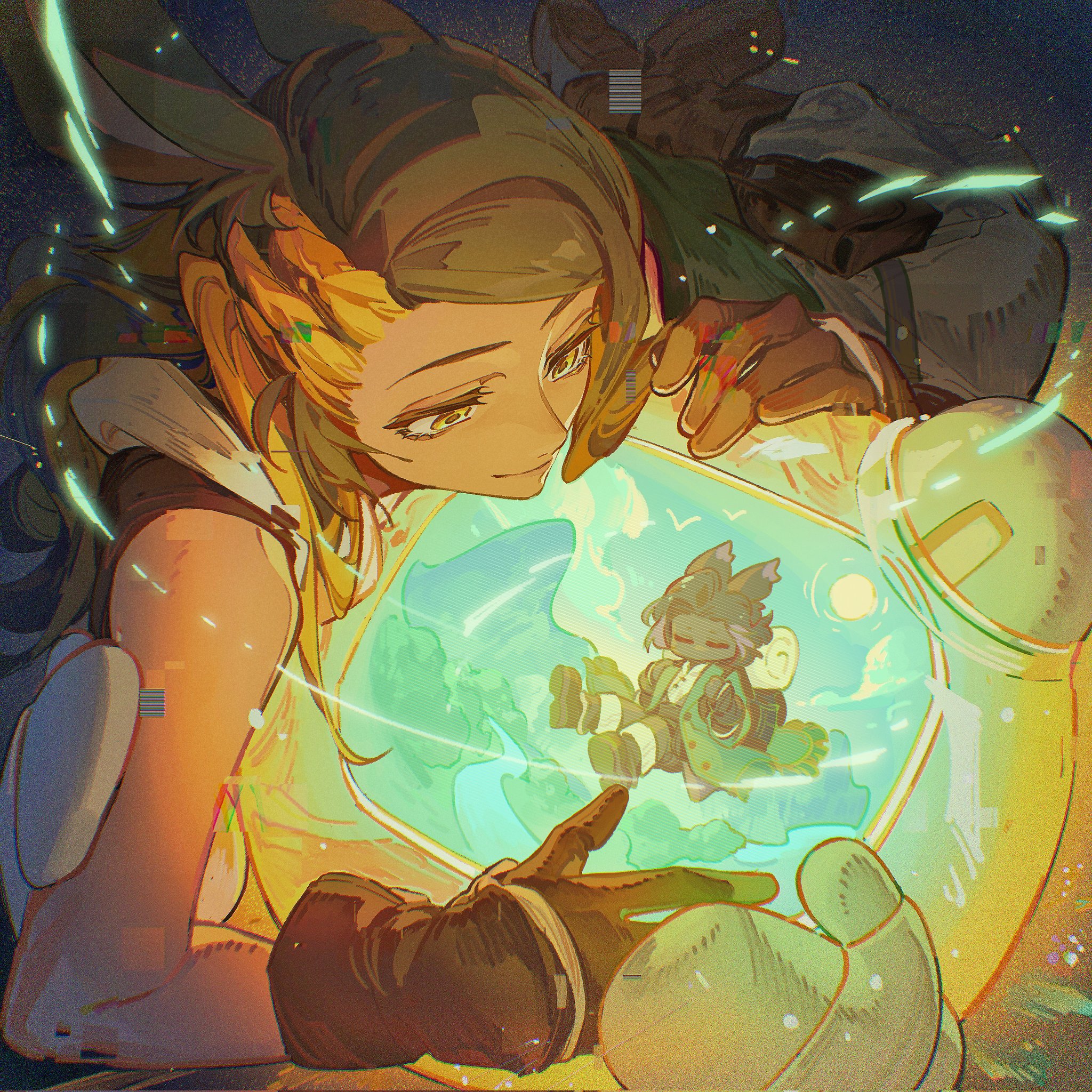 crow0cc, cahciua, erenville, final fantasy, final fantasy xiv, commentary, highres, symbol-only commentary, 1boy, 1girl, animal ears, brown gloves, brown hair, dark-skinned female, dark-skinned male, dark skin, gloves, long hair, looking at screen, monitor, mother and son, multicolored hair, rabbit boy, rabbit ears, rabbit girl, short hair, sleeveless, smile, two-tone hair, viera, yellow eyes