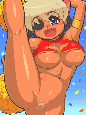 tenseiani, alicia priss, cyber connect 2, little tail bronx, tail concerto, lowres, 1girl, animal ears, anus, breasts, cheerleader, colored bangs, dark-skinned female, dark skin, eyepatch, female focus, large breasts, leg lift, nude, oekaki, pussy, solo, underboob