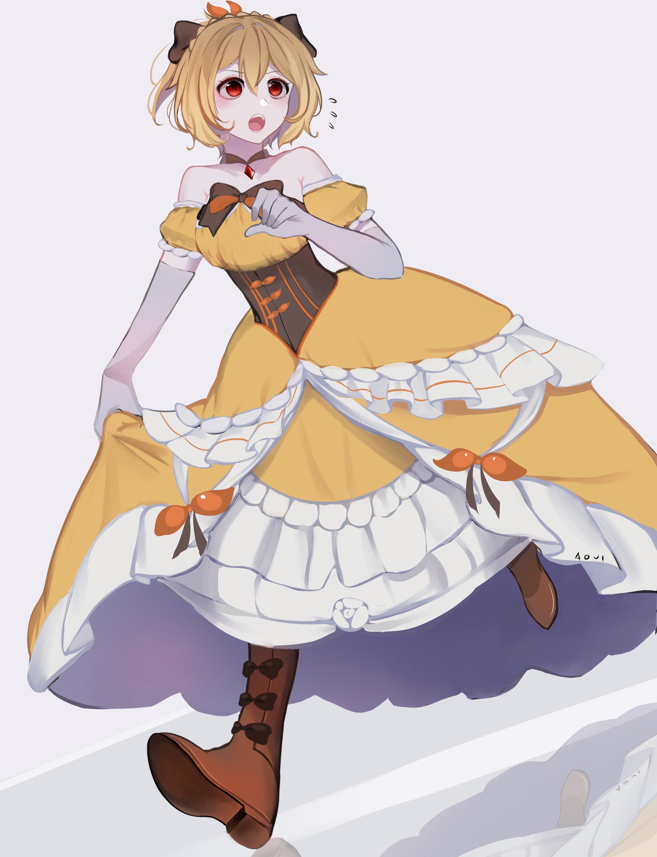 aoui, felt (re:zero), re:zero kara hajimeru isekai seikatsu, absurdres, highres, 1girl, armpit crease, bare shoulders, blonde hair, boots, brown boots, dress, elbow gloves, full body, gem, gloves, hair between eyes, open mouth, red eyes, red gemstone, short hair, skirt hold, solo, yellow dress