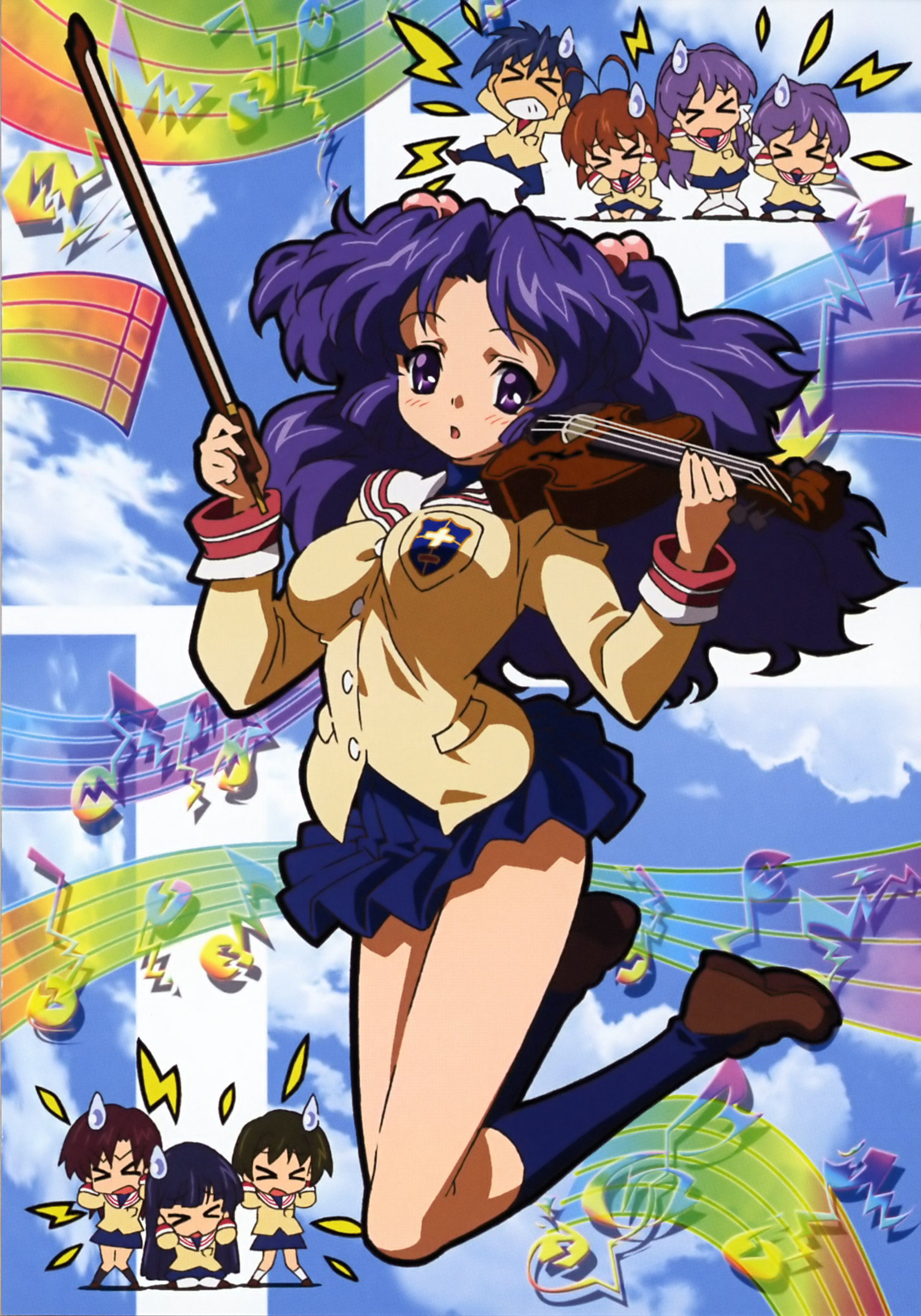 fujibayashi kyou, fujibayashi ryou, furukawa nagisa, harada (clannad), ibuki fuuko, ichinose kotomi, nishina rie, okazaki tomoya, sugisaka, clannad, highres, > <, 00s, 6+girls, chibi, closed eyes, covering own ears, instrument, multiple girls, musical note, musical staff, school uniform, siblings, sisters, sweatdrop, twins, violin