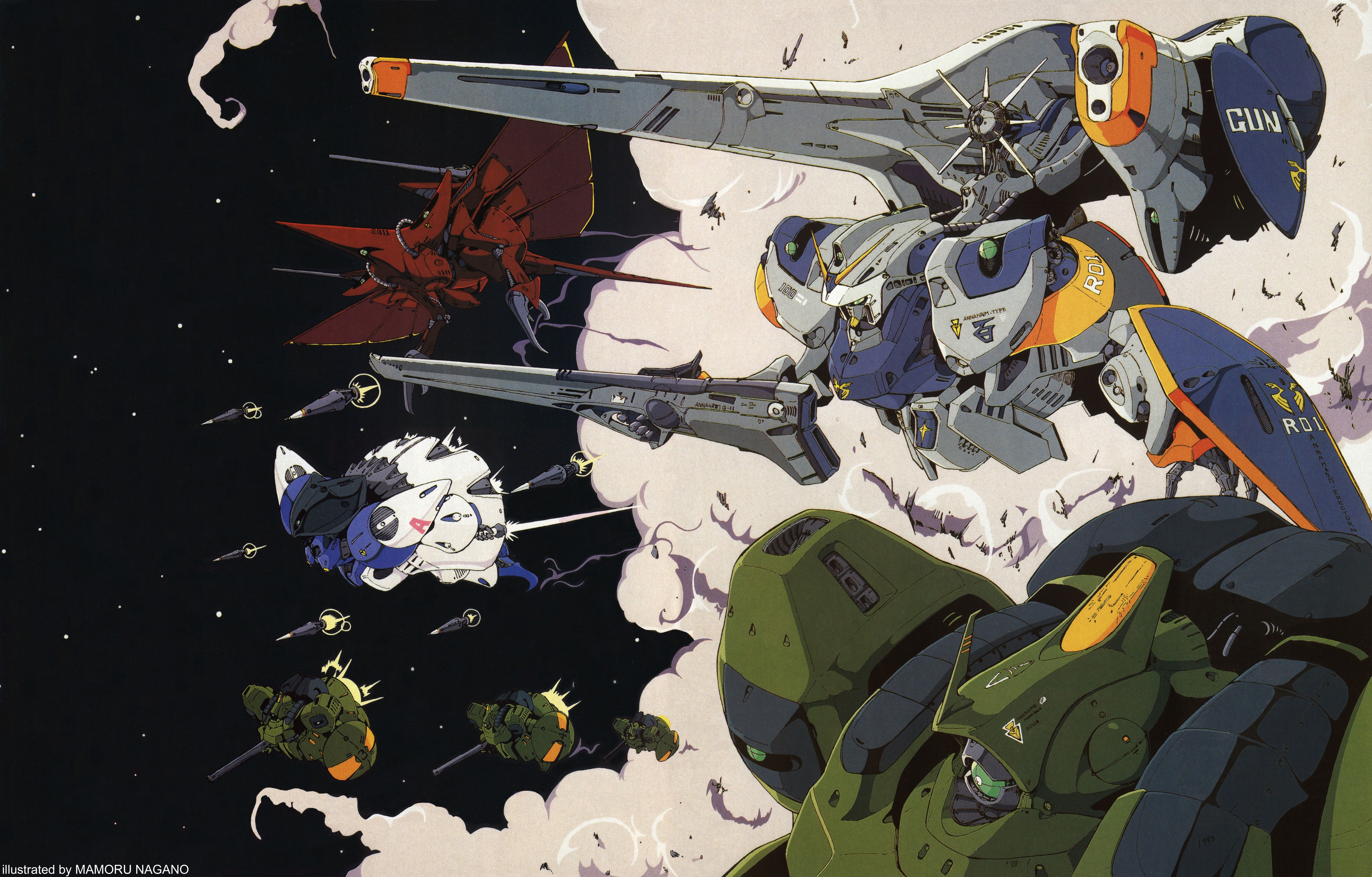 nagano mamoru, gundam, zeta gundam, absurdres, highres, mecha, no humans, robot, smoke, space