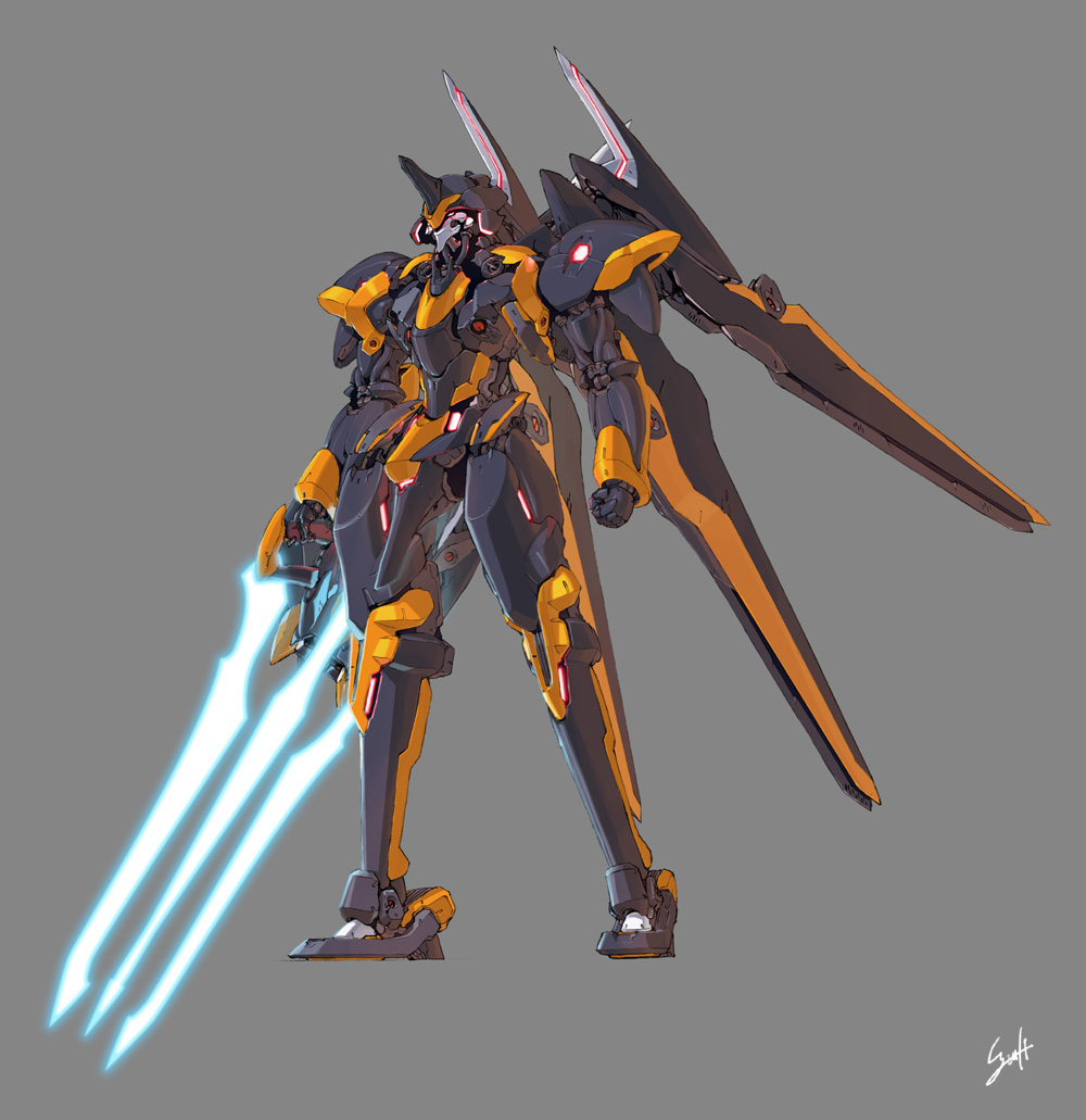 i-iv (longman), susamikado, owari no chronicle, 3-rd g, glowing, glowing weapon, grey background, mecha, no humans, robot, solo, weapon