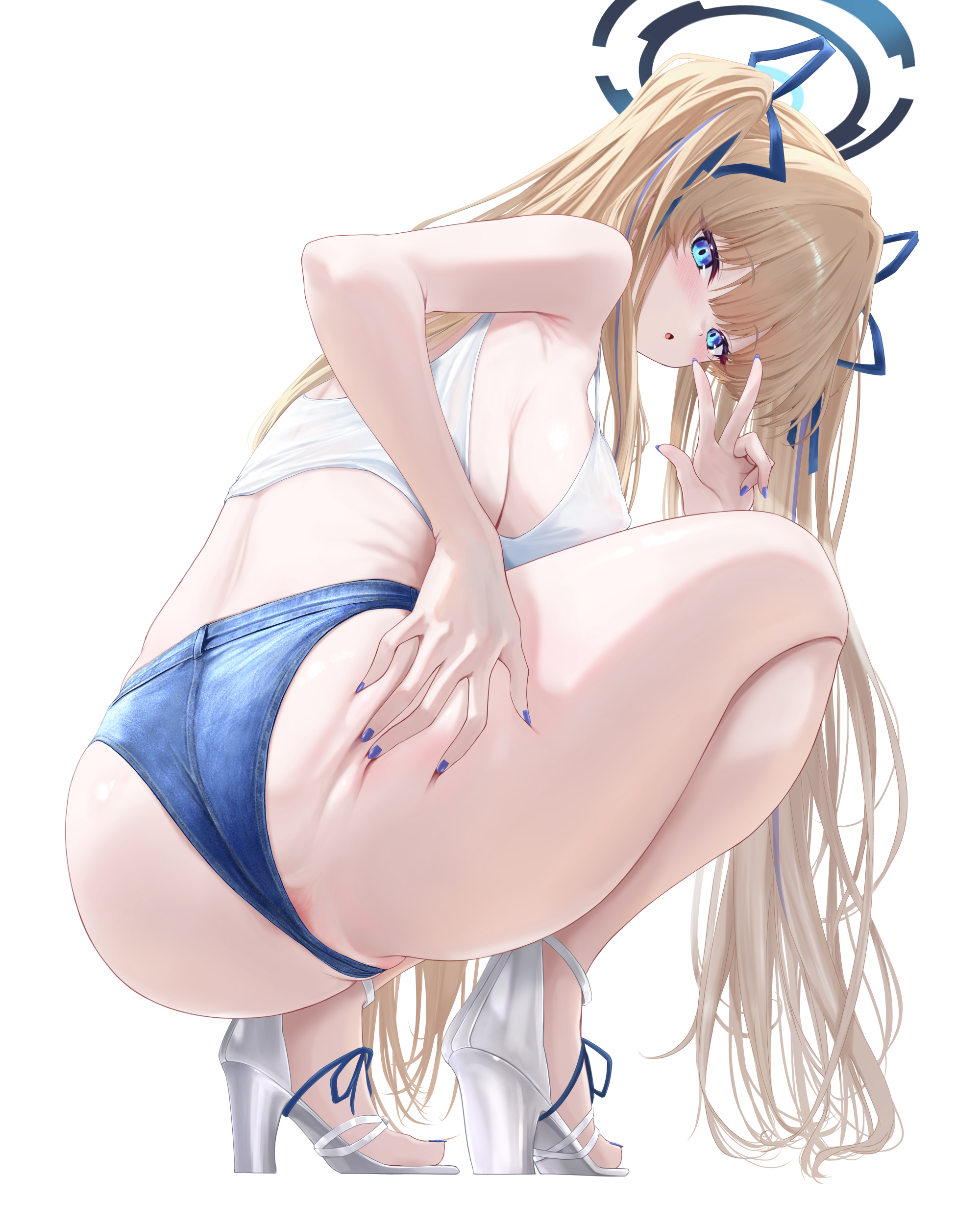 noa (skae3323), toki (blue archive), blue archive, absurdres, highres, large variant set, variant set, 1girl, alternate costume, alternate hairstyle, anus, anus peek, ass, bare shoulders, blonde hair, blue eyes, blue nails, blue ribbon, blush, breasts, crop top, deep skin, denim, denim shorts, fingernails, from behind, full body, grabbing own thigh, hair ribbon, long hair, looking at viewer, medium breasts, micro shorts, nail polish, open clothes, open mouth, partially visible vulva, ribbon, sandals, short shorts, shorts, simple background, solo, squatting, strappy heels, tank top, taut clothes, thighs, toenail polish, toenails, twintails, very long hair, w, white background, white tank top