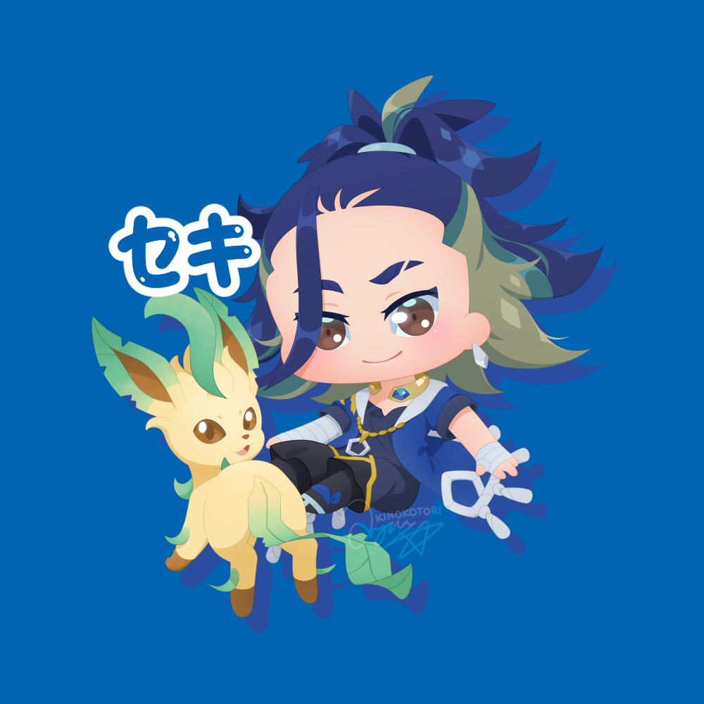 kinokorin, adaman (pokemon), leafeon, nintendo, pokemon, pokemon legends: arceus, translation request, 1boy, black pants, blue hair, blue jacket, blush, brown eyes, chibi, chibi only, closed mouth, drop shadow, earrings, full body, gen 4 pokemon, jacket, jewelry, looking at viewer, looking back, open mouth, pants, pokemon (creature), smile