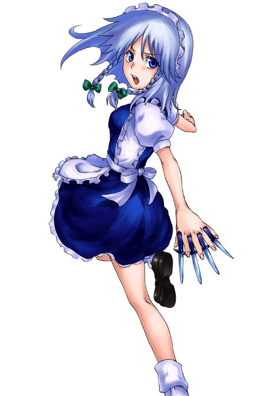 hisasi, izayoi sakuya, touhou, silver hair, animated, animated gif, 1girl, braid, female focus, knife, maid, ribbon, short hair, solo, throwing knife, twin braids, weapon