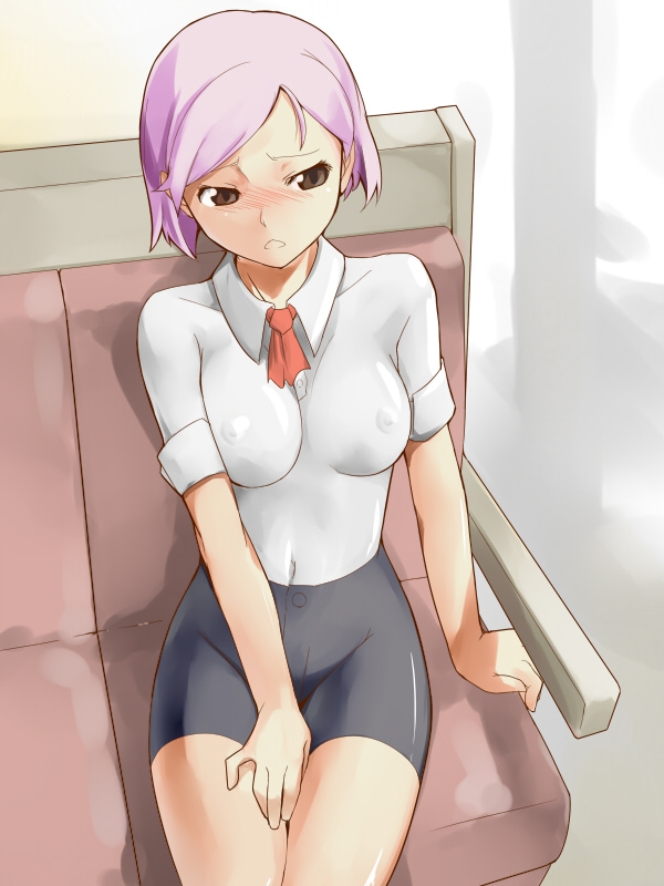 hiru okita, nekomura, bad id, bad pixiv id, 1girl, arm support, bike shorts, blush, bob cut, bodypaint, breasts, brown eyes, covered erect nipples, covering crotch, covering privates, embarrassed, false clothes, female focus, impossible clothes, impossible shirt, indoors, large breasts, naked paint, nude, nude cover, painted clothes, pink hair, shirt, short hair, sitting, solo