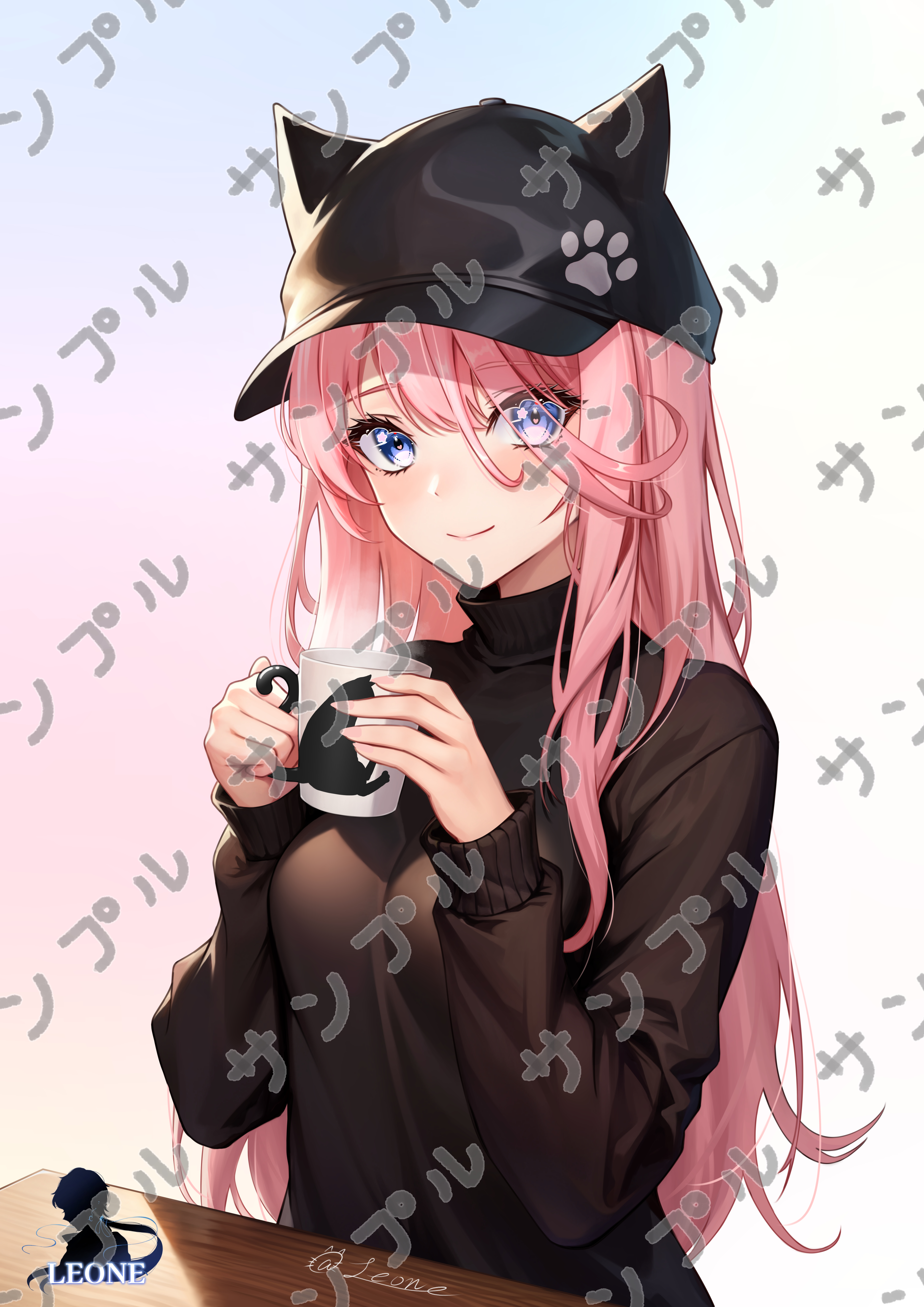leone (kamina0205), indie virtual youtuber, absurdres, commentary request, highres, 1girl, baseball cap, black hat, blue eyes, breasts, brown sweater, cleavage, closed mouth, cup, fake horns, hair between eyes, hat, holding, holding cup, horned headwear, horns, long hair, long sleeves, looking at viewer, medium breasts, pink hair, see-through cleavage, see-through clothes, smile, solo, sweater, turtleneck, turtleneck sweater, virtual youtuber