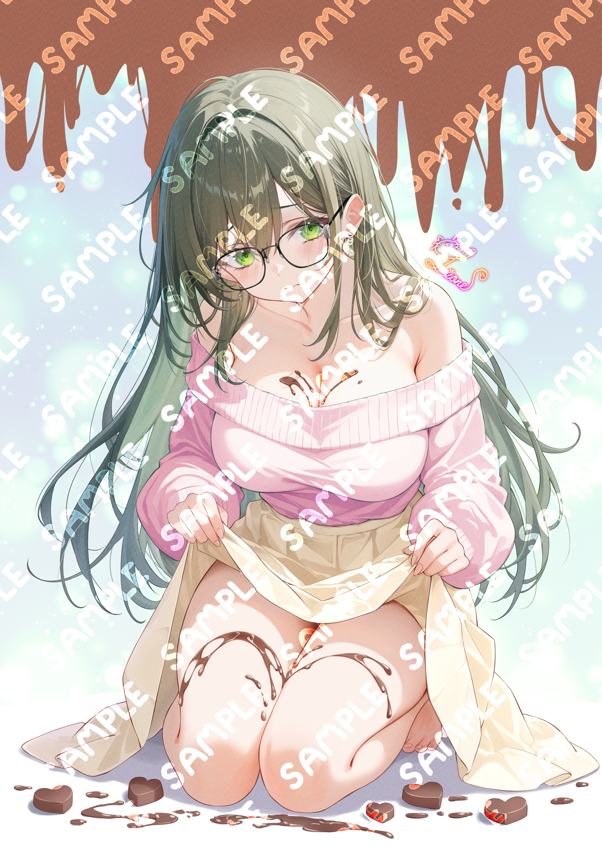 leone (kamina0205), original, absurdres, commentary request, highres, 1girl, bare shoulders, black-framed eyewear, breasts, chocolate, chocolate on body, chocolate on breasts, chocolate on legs, cleavage, clothes lift, food on body, glasses, green eyes, green hair, kneeling, large breasts, long hair, long sleeves, looking at viewer, off-shoulder sweater, off shoulder, pink sweater, sample watermark, skirt, skirt lift, solo, sweater, sweater tucked in, watermark, yellow skirt