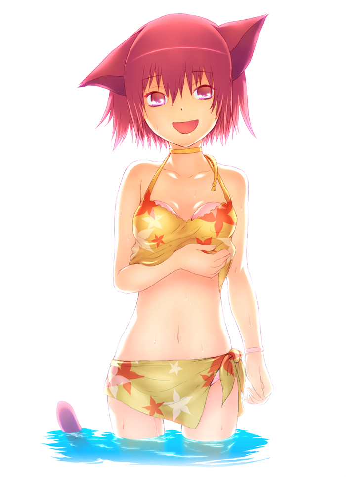 hisasi, original, source request, 1girl, :d, animal ears, bikini, bracelet, breast padding, cat ears, cat tail, female focus, jewelry, navel, open mouth, pink eyes, pink hair, short hair, smile, solo, swimsuit, tail, wading, water, wet