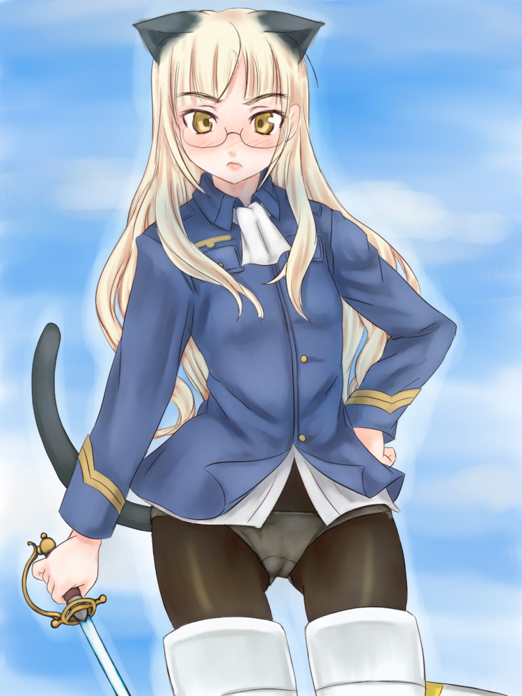 scharfschutze, perrine h. clostermann, strike witches, world witches series, bad id, bad pixiv id, 00s, 1girl, animal ears, blonde hair, blush, bottomless, cat ears, cat tail, female focus, glasses, long hair, no pants, panties, panties under pantyhose, pantyhose, rapier, solo, striker unit, sword, tail, underwear, weapon, white panties, yellow eyes