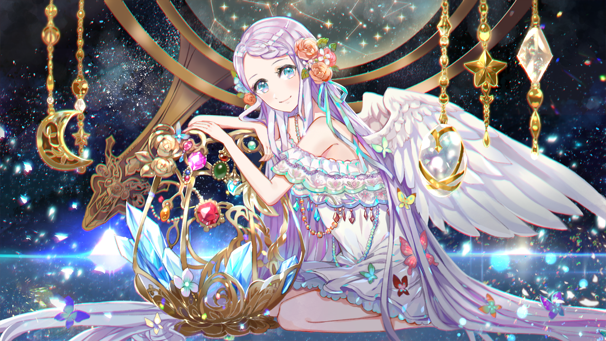kkamang egg, original, 1girl, absurdly long hair, angel wings, aqua butterfly, aqua ribbon, arm rest, bare shoulders, bead necklace, beads, blue eyes, blue gemstone, braid, braided bangs, breasts, bug, butterfly, cage, cleavage, constellation, crescent, crystal, dress, feathered wings, feet out of frame, flower, from side, gem, green gemstone, hair flower, hair ornament, hair ribbon, insect, jewelry, long hair, looking at viewer, looking to the side, mobile, necklace, off-shoulder dress, off shoulder, orange butterfly, orange flower, orange rose, pink butterfly, pink gemstone, purple hair, red butterfly, red gemstone, reflective floor, ribbon, rose, seiza, short dress, sitting, sky, smile, solo, star (sky), star (symbol), star map, starry sky, very long hair, white dress, white flower, white wings, wings, yellow butterfly