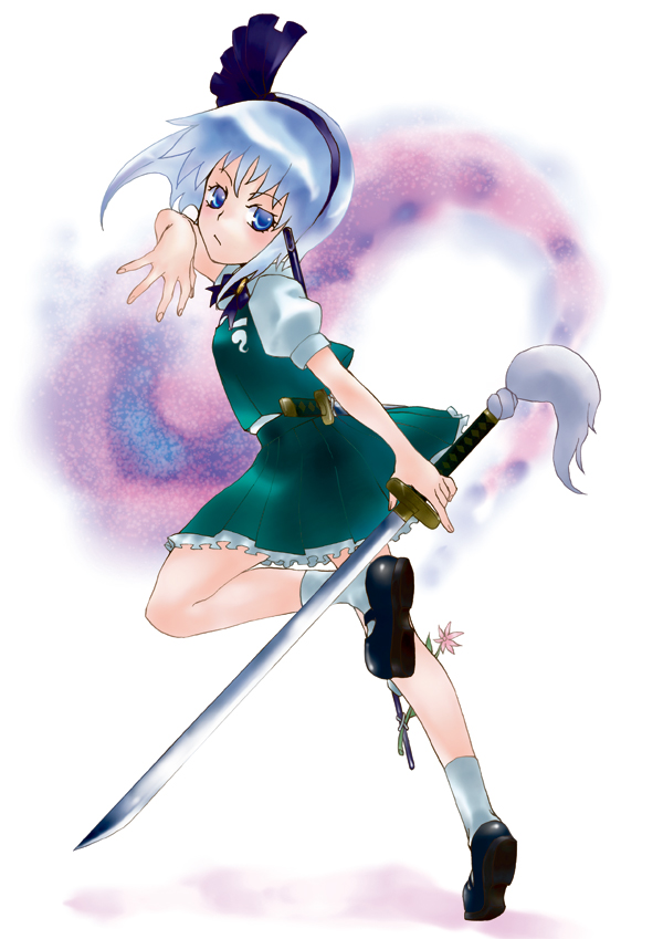 hisasi, konpaku youmu, konpaku youmu (ghost), touhou, silver hair, 1girl, :/, blue eyes, female focus, full body, ghost, hairband, hitodama, katana, ribbon, school uniform, serafuku, short hair, solo, standing, standing on one leg, sword, weapon