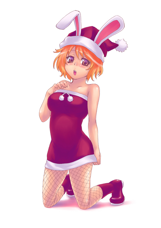 hisasi, source request, 1girl, animal ears, bare shoulders, blush, boots, brown eyes, christmas, dress, female focus, fishnets, hat, kneeling, open mouth, orange hair, rabbit ears, santa costume, short dress, short hair, solo, strapless, strapless dress