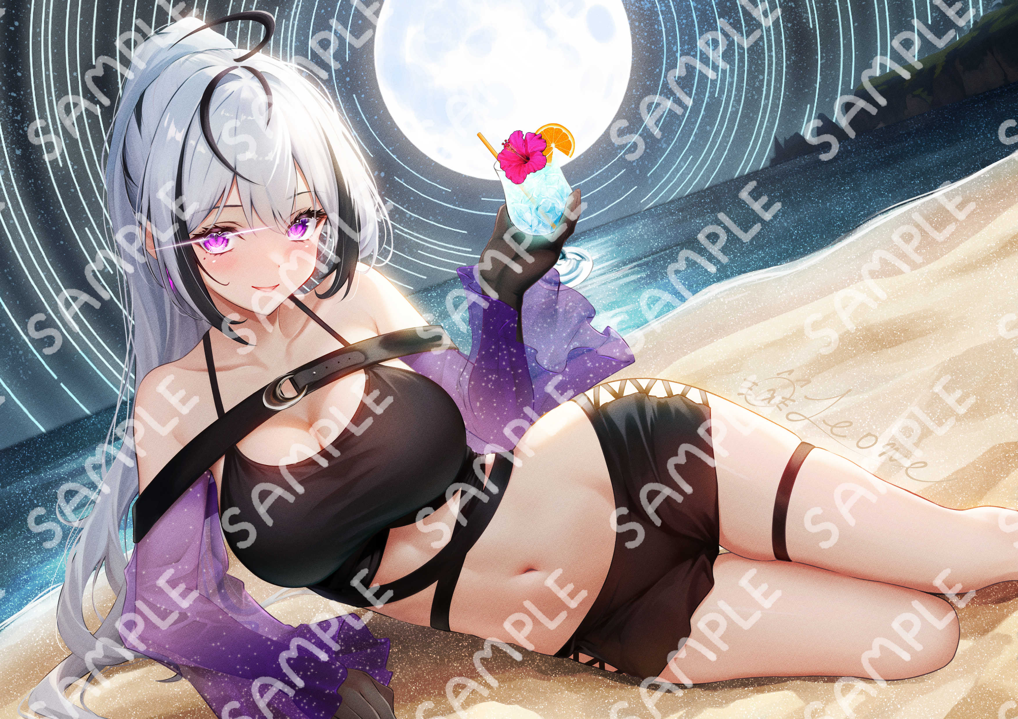 leone (kamina0205), tsukimiya layla, iriam, absurdres, highres, 1girl, ahoge, bare shoulders, beach, black shirt, black shorts, breasts, camisole, cleavage, collarbone, colored skin, crop top, detached sleeves, full moon, halterneck, hand up, holding, large breasts, long hair, long sleeves, looking at viewer, lying, midriff, mole, mole under eye, moon, multicolored hair, navel, night, on side, open mouth, outdoors, pink eyes, ponytail, reclining, sample watermark, see-through clothes, see-through sleeves, shirt, short shorts, shorts, skindentation, sleeveless, sleeveless shirt, smile, solo, spaghetti strap, stomach, streaked hair, taut clothes, taut shirt, thigh strap, thighs, tropical drink, very long hair, virtual youtuber, watermark, white hair