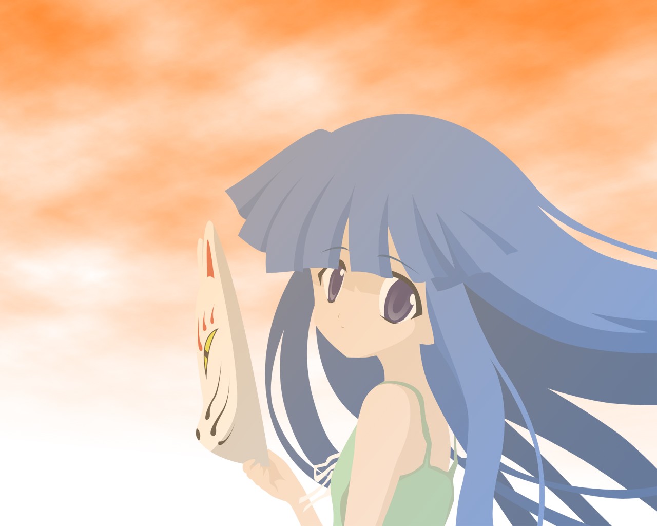 furude rika, higurashi no naku koro ni, non-web source, 00s, 1girl, blue hair, female focus, fox mask, mask, sky, solo, unworn mask
