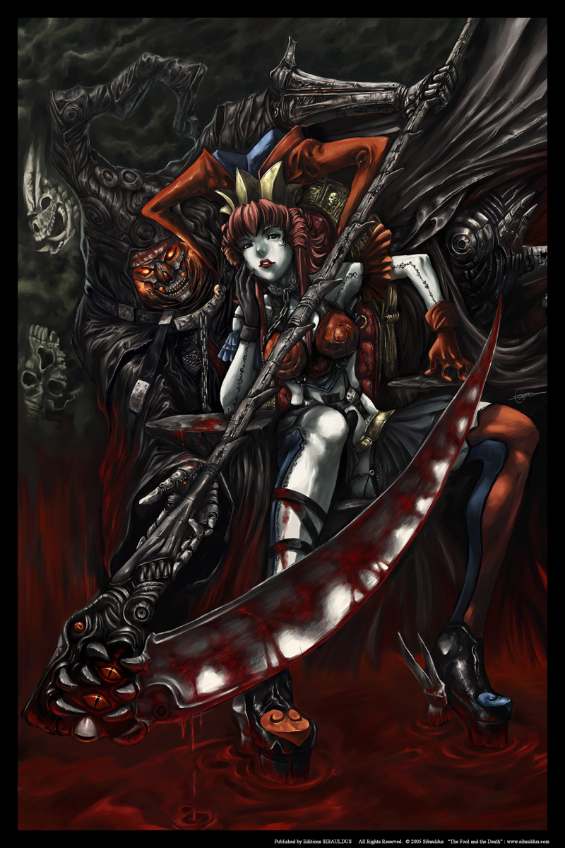 shonensan, original, highres, 00s, 1girl, 2005, armor, asymmetrical clothes, belt, blood, boots, breastplate, chain, collar, crown, gloves, glowing, glowing eyes, green eyes, hand on own face, hat, high heels, jester cap, lipstick, long hair, looking at viewer, makeup, monster, open mouth, pale skin, red hair, robe, scythe, shoes, sitting, skull, tattoo, thighhighs, throne