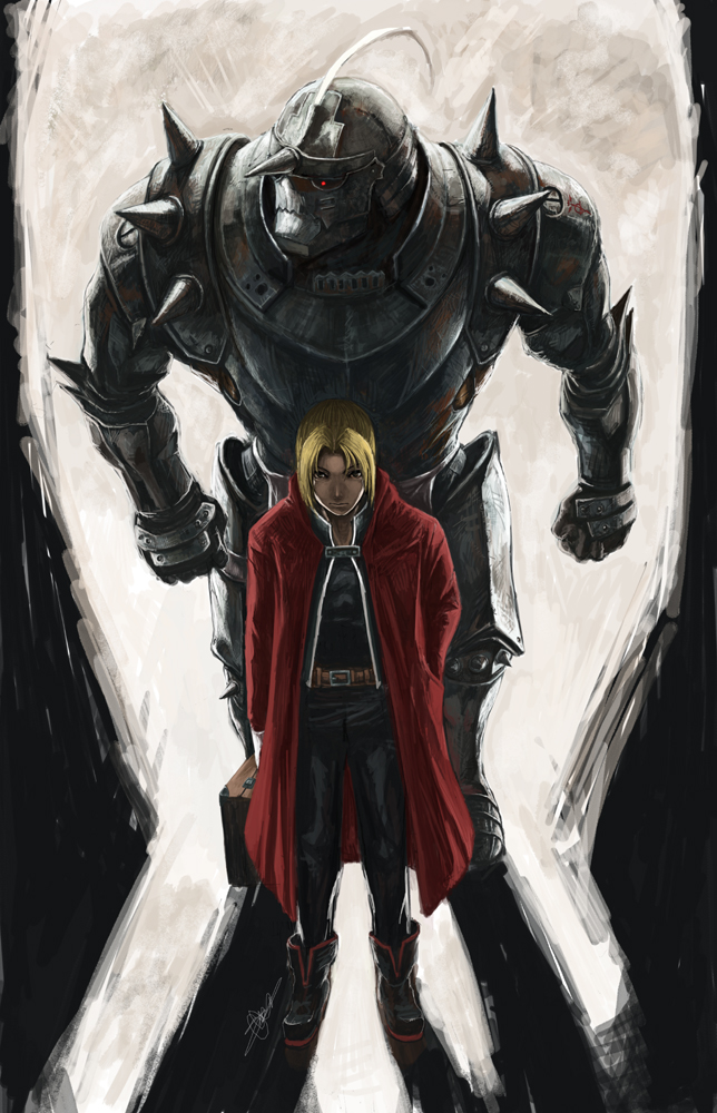 shonensan, alphonse elric, edward elric, fullmetal alchemist, 00s, 2boys, alchemist, armor, belt, blonde hair, boots, brothers, coat, male focus, multiple boys, red theme, rust, siblings, suitcase