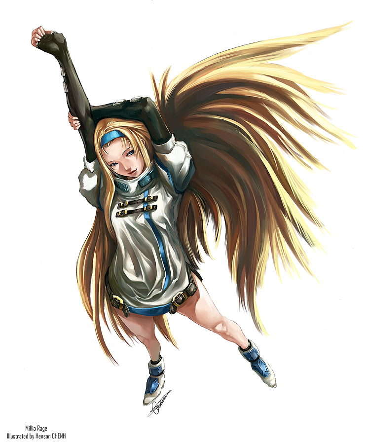 shonensan, millia rage, arc system works, guilty gear, 1girl, blonde hair, blue eyes, female focus, from above, full body, headband, long hair, simple background, solo, standing, stretching, very long hair, white background