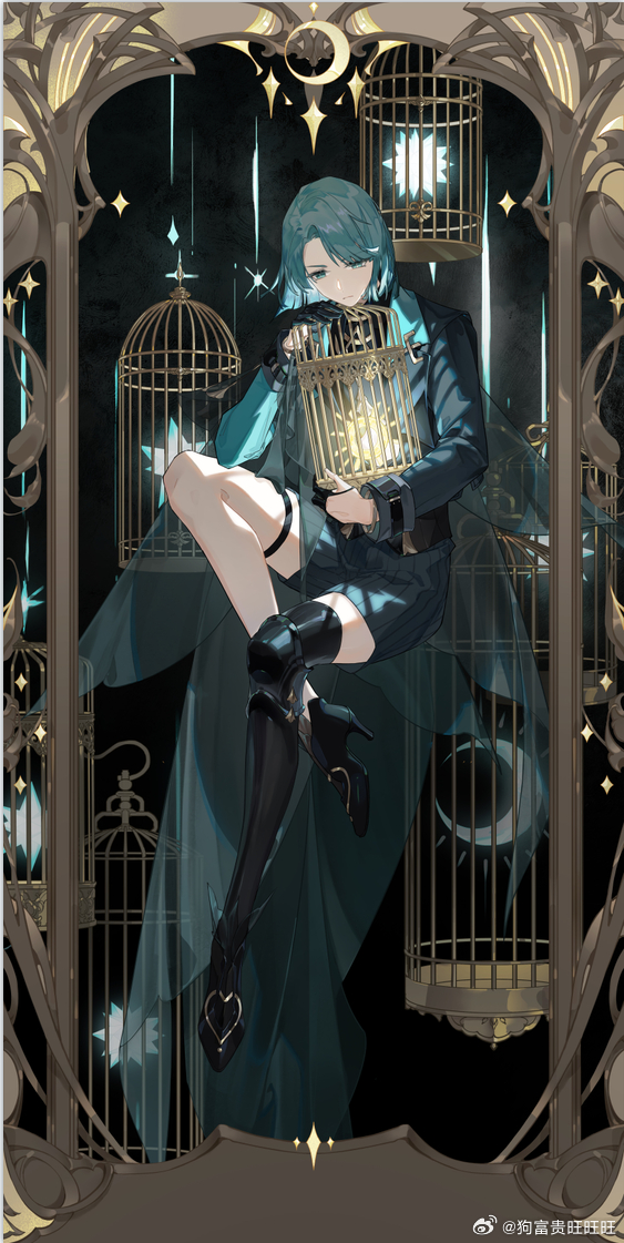 gou fu gui wang wang wang, chinese commentary, 1boy, ankle boots, aqua eyes, aqua hair, aqua sleeves, asymmetrical sleeves, birdcage, black boots, black gloves, black shirt, black thighhighs, bob cut, boots, border, bracelet, cage, closed mouth, clothing cutout, colored lapels, crescent, curtained hair, expressionless, fairy wings, full body, glove cutout, gloves, glowing, grey jacket, grey shorts, high heel boots, high heels, holding, holding cage, invisible chair, jacket, jewelry, knee up, lapels, male focus, medium hair, mismatched sleeves, ornate border, partially fingerless gloves, pinstripe shorts, poleyn, project soul, shirt, shorts, single thighhigh, sitting, sleeve cuffs, small stellated dodecahedron, solo, sparkle, swept bangs, thigh strap, thighhighs, watermark, weibo watermark, wings