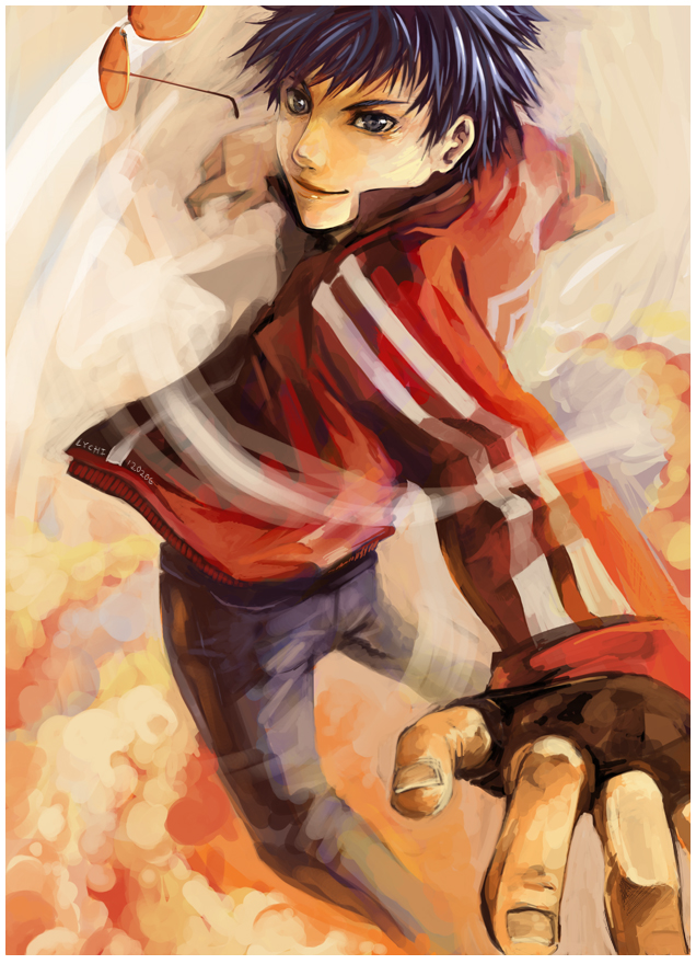 lychi, minami itsuki, air gear, 00s, 1boy, blue eyes, blue hair, denim, double vertical stripe, fingerless gloves, foreshortening, from behind, gloves, jacket, jeans, looking back, male focus, matching hair/eyes, pants, short hair, smile, solo, spinning, sunglasses, track jacket