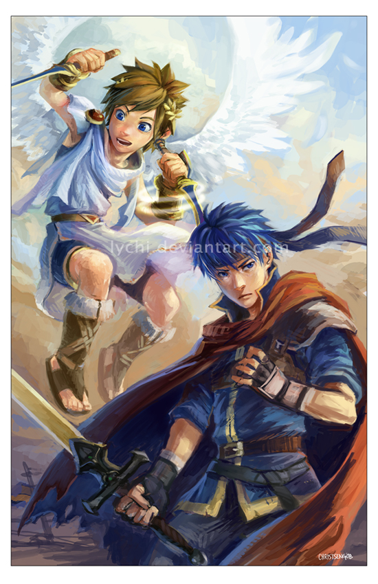 lychi, ike (fire emblem), pit (kid icarus), fire emblem, fire emblem: path of radiance, kid icarus, nintendo, super smash bros., bad deviantart id, bad id, 2boys, angel, angel wings, blue hair, bracelet, bracer, brown hair, cape, cowboy shot, dual persona, full body, holding, holding sword, holding weapon, jewelry, looking at viewer, magic, male focus, multiple boys, sandals, scarf, spiked hair, sword, toes, watermark, weapon, white wings, wings