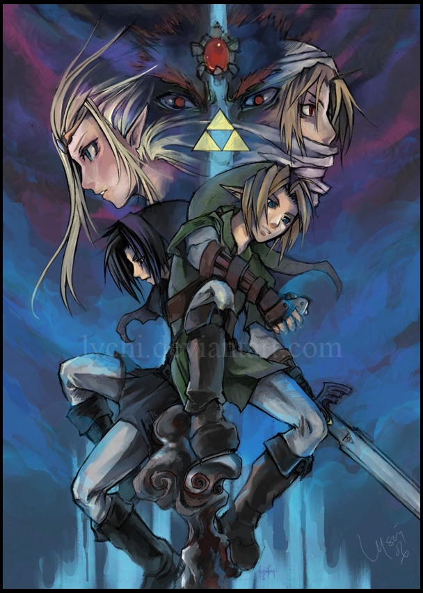 lychi, dark link, ganondorf, link, princess zelda, sheik, nintendo, the legend of zelda, the legend of zelda: ocarina of time, 2girls, 3boys, androgynous, blonde hair, blue eyes, dark persona, dual persona, gauntlets, holding sword, instrument, master sword, multiple boys, multiple girls, pointy ears, red eyes, reverse trap, sword, watermark, weapon