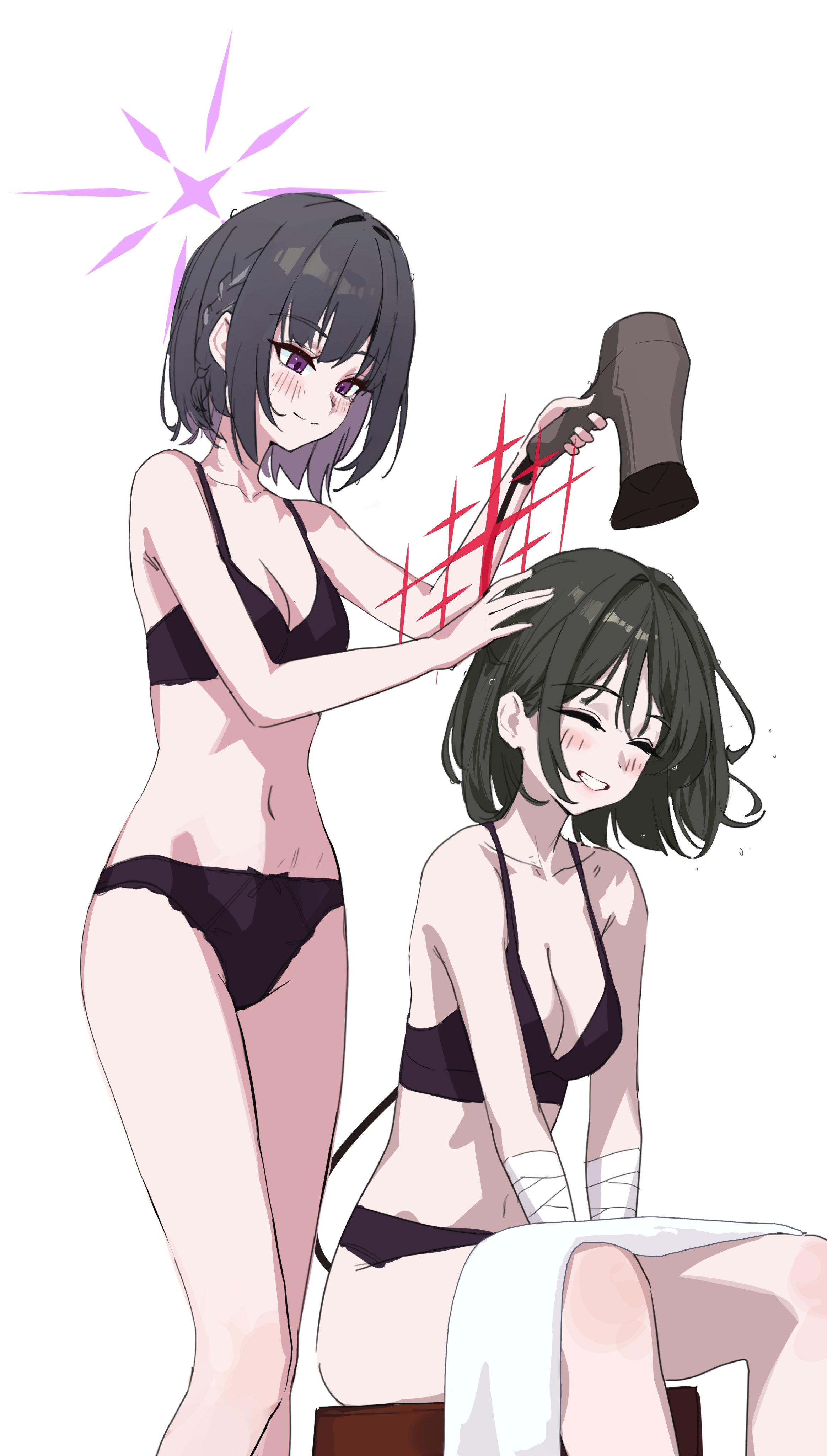 fieryonion, misaki (blue archive), blue archive, absurdres, highres, 2girls, bandaged arm, bandages, black bra, black hair, black panties, blush, bra, closed mouth, drying, drying hair, grin, halo, multiple girls, panties, purple halo, red halo, short hair, sitting, smile, subaru (blue archive), underwear, underwear only