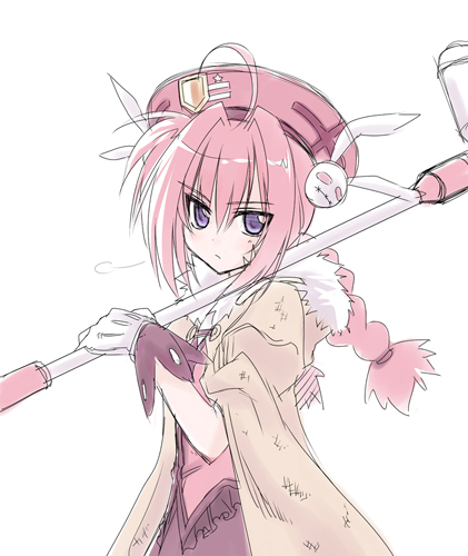 himura kiseki, graf eisen, vita (nanoha), lyrical nanoha, mahou shoujo lyrical nanoha, fur, lowres, 00s, 1girl, blue eyes, braid, cloak, dress, female focus, fur trim, gloves, hammer, hat, long hair, rabbit, red hair, sigh, simple background, solo, weapon