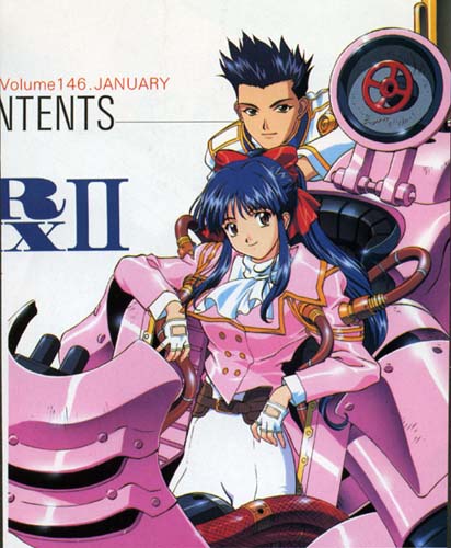 koubu, oogami ichirou, shinguuji sakura, sakura taisen, lowres, official art, 00s, 1boy, 1girl, blue hair, bow, breasts, cockpit, hair ribbon, long hair, looking at viewer, mecha, medium breasts, pants, pointy hair, ponytail, red bow, ribbon, robot, short hair, smile