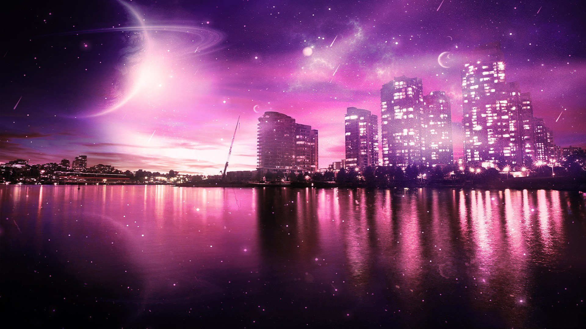 hy vong (phong canh), original, commentary request, highres, building, city, city lights, cityscape, dzongkha commentary, meteor shower, moon, night, night sky, no humans, outdoors, photorealistic, planet, planetary ring, realistic, reflection, reflective water, river, scenery, science fiction, shooting star, sky, skyline, skyscraper, star (sky), starry sky, water