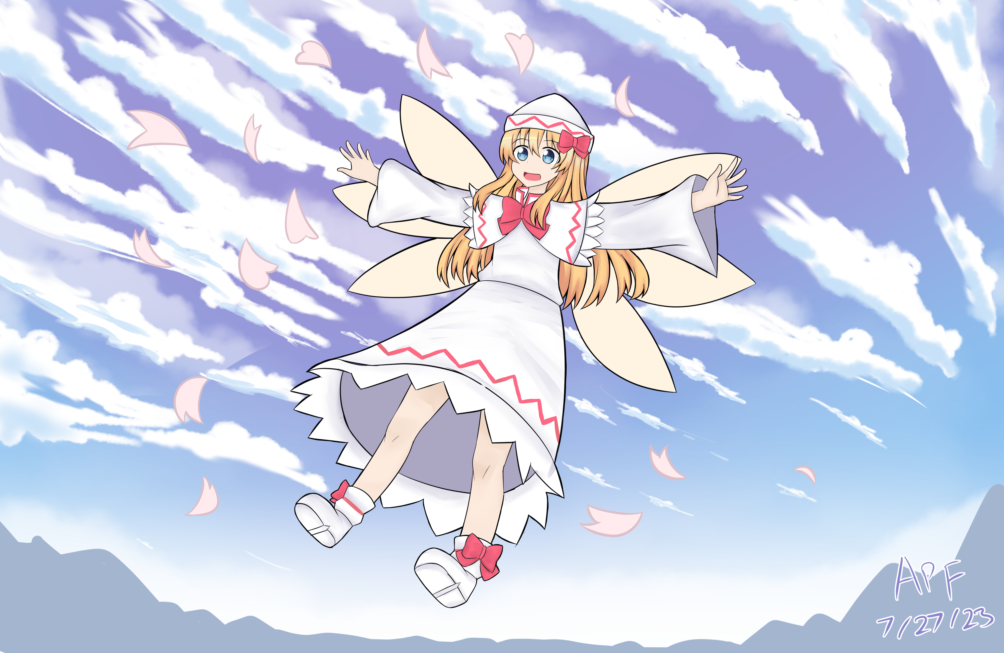 apf, lily white, touhou, absurdres, highres, blonde hair, bow, bowtie, cloud, cloudy sky, dress, fairy, fairy wings, floating, hat, long dress, long hair, open mouth, petals, red bow, shoes, sky, white dress, white hat, white shoes, wings