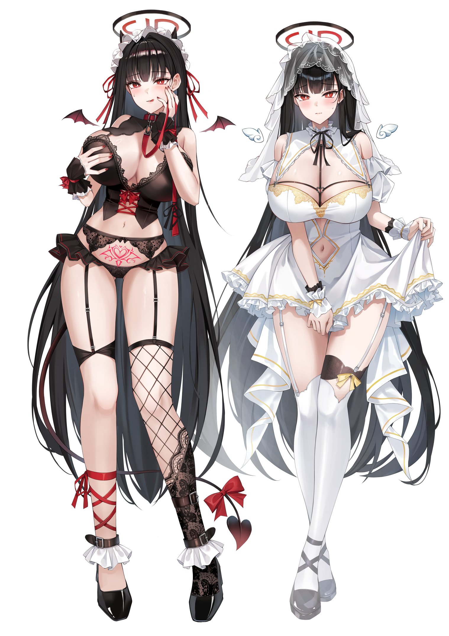 pippin (pippin sol), rio (blue archive), blue archive, commentary request, highres, 1girl, :q, alternate costume, black garter belt, black hair, black halo, black panties, black shoes, blush, breasts, bridal veil, bright pupils, cleavage, clothing cutout, demon tail, dress, dress tug, fingernails, fishnet thighhighs, fishnets, full body, garter belt, garter straps, grabbing own breast, halo, hands up, high heels, holding, holding own leash, huge breasts, large breasts, leash, long hair, looking at viewer, multicolored halo, multiple views, nail polish, navel, navel cutout, panties, pubic tattoo, red eyes, red halo, red nails, shoes, simple background, single thighhigh, skirt hold, spade (shape), tail, tattoo, thighhighs, thighs, tongue, tongue out, two-tone halo, underwear, underwear only, veil, very long hair, wedding dress, white background, white garter straps, white thighhighs, zoom layer