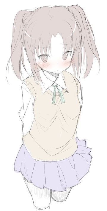 buriki, yumizuka satsuki, tsukihime, 00s, 1girl, arms behind back, blush, brown eyes, brown hair, cowboy shot, cropped legs, female focus, school uniform, serafuku, sketch, skirt, solo, sweater vest, vest