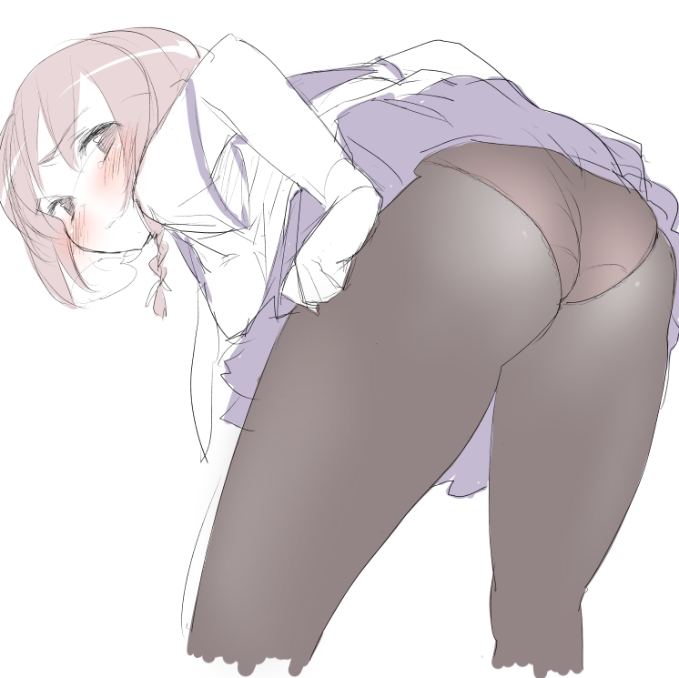 buriki, 1girl, ass, bent over, blush, clothes lift, female focus, panties, panties under pantyhose, pantyhose, sketch, skirt, skirt lift, solo, underwear, upskirt