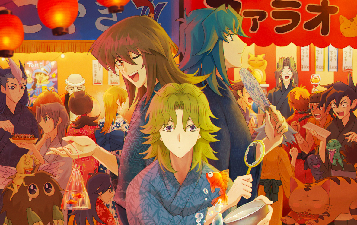 moisukii, daitokuji, edo phoenix, fujiwara yuusuke, kuriboh, manjoume jun, marufuji ryo, marufuji sho, ojama black, ojama green, ojama yellow, pharaoh (cat), saio takuma, saotome rei, tenjouin asuka, tenjouin fubuki, tyranno kenzan, winged kuriboh, yuki judai, yu-gi-oh!, yu-gi-oh! gx, character request, commentary request, 3girls, 6+boys, bag, bagged fish, bald, cat, dango, duel monster, fish, food, glasses, goldfish, goldfish scooping, hand fan, japanese clothes, kimono, lantern, maneki-neko, multicolored hair, multiple boys, multiple girls, night, one eye closed, open mouth, outdoors, paper lantern, poi (goldfish scoop), streaked hair, summer festival, wagashi, yellow kimono
