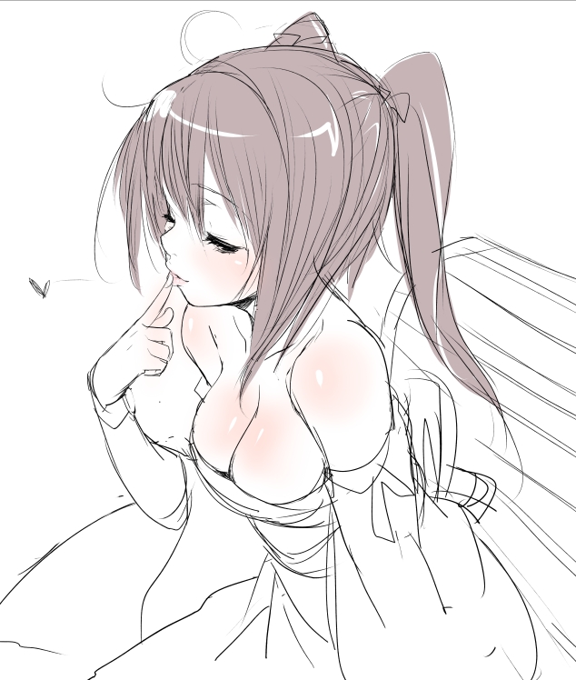 buriki, 1girl, bare shoulders, breasts, cleavage, downblouse, female focus, sketch, solo, twintails