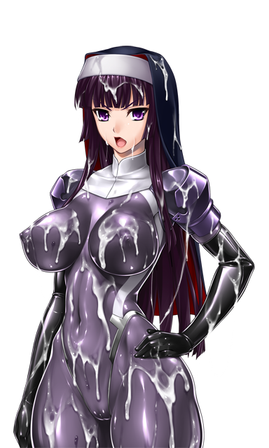 rindou (radical dream), kamori sayaka, original, game cg, large variant set, non-web source, variant set, 1girl, black hair, bodysuit, breasts, bukkake, cameltoe, covered erect nipples, cum, cum on body, cum on breasts, cum on clothes, cum on hair, cum on upper body, elbow gloves, facial, gloves, hand on own hip, impossible bodysuit, impossible clothes, large breasts, latex, long hair, looking at viewer, matai toshi, nun, open mouth, purple bodysuit, purple eyes, purple hair, shiny clothes, skin tight, solo, transparent background