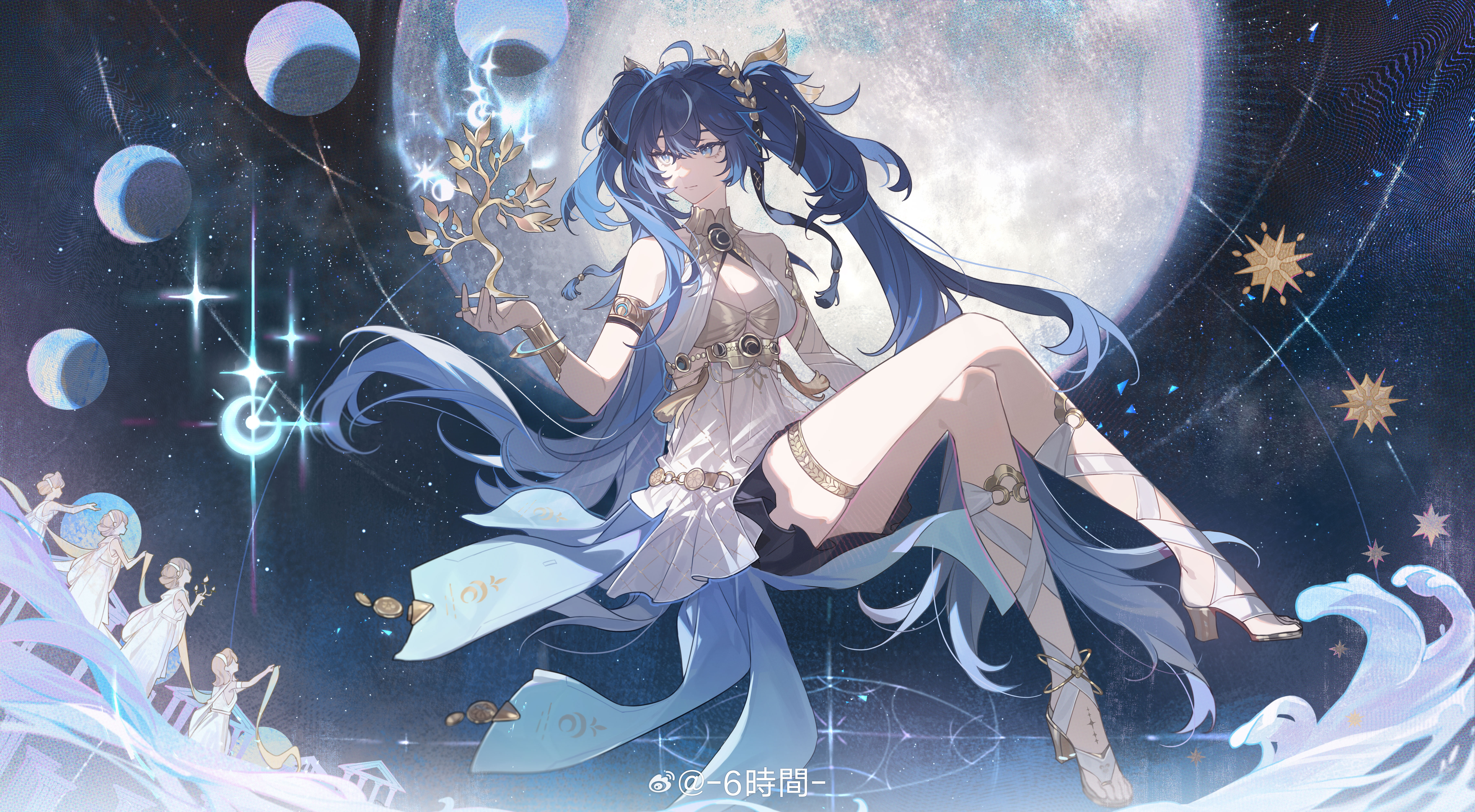 sumery, iuno (wuthering waves), wuthering waves, absurdres, highres, 1girl, ahoge, ancient greek clothes, armlet, bare shoulders, black skirt, blue hair, breasts, crossed legs, full moon, gladiator sandals, gold bra, greco-roman clothes, hair belt, hair between eyes, head wreath, invisible chair, jewelry, legs, long hair, medium breasts, missing commentary, moon, multicolored hair, sandals, sitting, skirt, solo, streaked hair, tacet mark (wuthering waves), thighlet, toes, twintails, very long hair