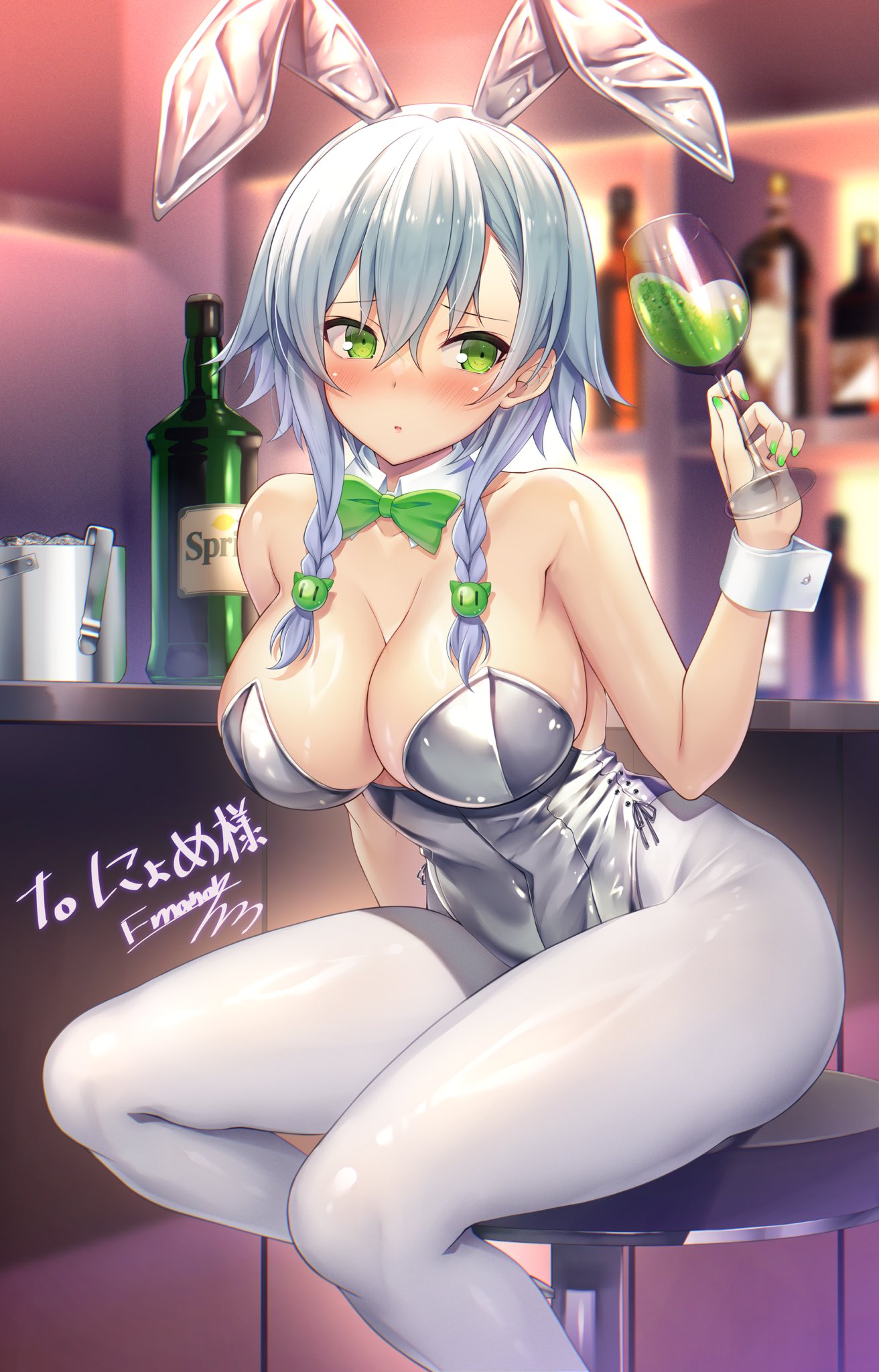 emanon123, inui saki, ao no kanata no four rhythm, commentary request, commission, highres, second-party source, skeb commission, 1girl, alternate costume, animal ear hairband, animal ears, bar (place), blurry, blurry background, blush, bow, bowtie, braid, breasts, bunny day, cleavage, cup, curvy, detached collar, drinking glass, embarrassed, fake animal ears, feet out of frame, furrowed brow, green bow, green bowtie, green eyes, green nails, grey hair, hairband, hand up, holding, holding cup, ice bucket, indoors, large breasts, leotard, nail polish, nose blush, pantyhose, parted lips, playboy bunny, rabbit ears, short hair, short hair with long locks, side-tie leotard, signature, silver leotard, sitting, solo, stool, strapless, strapless leotard, thick thighs, thighs, twin braids, white pantyhose, white wrist cuffs, wine glass, wrist cuffs