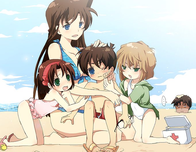 kl (dgzonbi), kl (pixiv), edogawa conan, haibara ai, hattori heiji, mouri ran, yoshida ayumi, meitantei conan, light brown hair, …, 2boys, 3girls, :d, :o, age difference, bandaid, bandaid on face, barefoot, beach, bent over, bikini, bikini under clothes, black hair, blue bikini, blue eyes, blush, bob cut, breasts, brown hair, buried, casual one-piece swimsuit, child, cleavage, cloud, constricted pupils, covered navel, cross, day, drawstring, feet, first aid kit, flat chest, frilled bikini, frills, front-tie bikini top, front-tie top, glasses, green eyes, hairband, hand on another's head, holding, holding another's arm, holding removed eyewear, hood, hoodie, kneeling, long hair, looking at another, looking at viewer, male swimwear, medium breasts, multiple boys, multiple girls, navel, ocean, off shoulder, on ground, one-piece swimsuit, one eye closed, onee-shota, open mouth, outdoors, over-rim eyewear, parted bangs, plaid bikini, plaid clothes, red cross, red male swimwear, red swim trunks, ribbon, sand, sandals, school swimsuit, semi-rimless eyewear, short hair, sitting, sitting on lap, sitting on person, sky, small breasts, smile, speech bubble, spoken ellipsis, swim trunks, swimsuit, swimsuit under clothes, topless male, unworn eyewear, very long hair, water, white one-piece swimsuit, wince