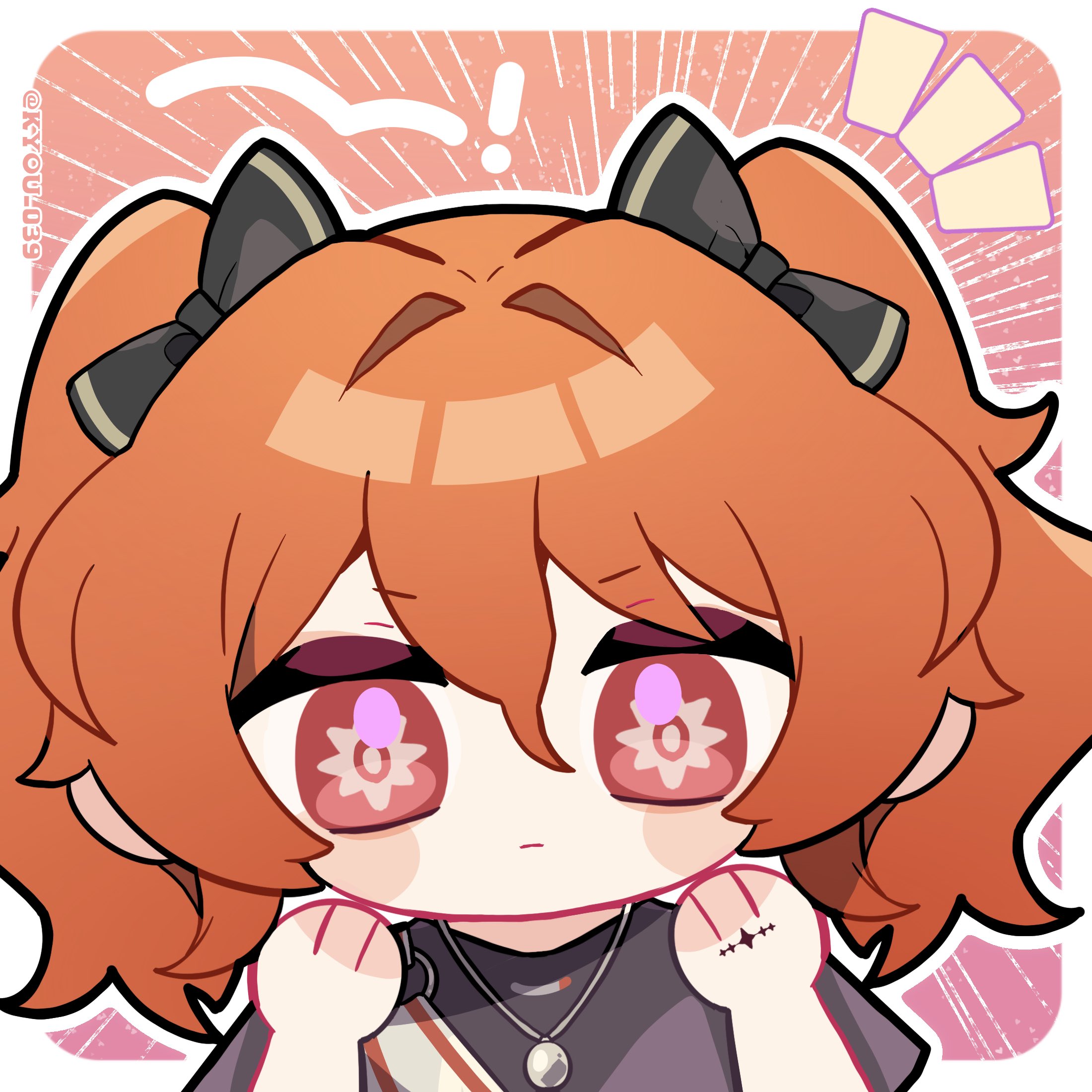kyou 039, augusta (wuthering waves), wuthering waves, commentary request, highres, revision, 1girl, aged down, black bow, black shirt, border, bow, chibi, chibi only, closed mouth, hair between eyes, hair bow, hands up, jewelry, looking at viewer, multiple hair bows, necklace, notice lines, orange background, orange hair, red eyes, shirt, solo, tacet mark (wuthering waves), twintails, twitter username, upper body, white border