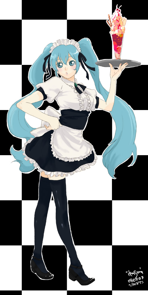 ikasumi, hatsune miku, vocaloid, bad id, bad pixiv id, aqua eyes, aqua hair, food, ice cream, long hair, solo, thighhighs, twintails, very long hair, waitress, waitress uniform, zettai ryouiki