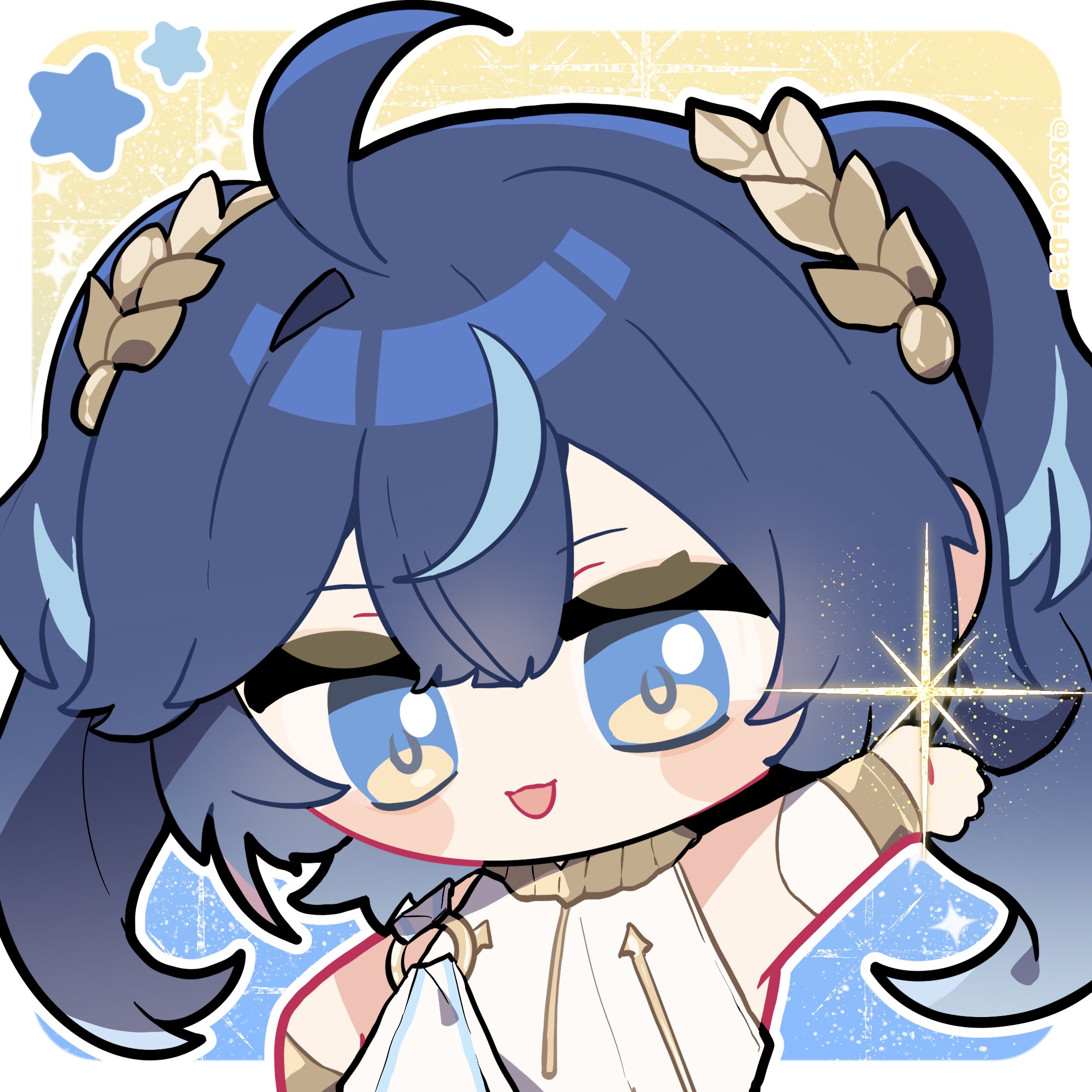 kyou 039, iuno (wuthering waves), wuthering waves, commentary request, highres, revision, 1girl, aged down, ahoge, arm up, blue eyes, blue hair, border, bracelet, chibi, chibi only, head wreath, jewelry, long hair, looking at viewer, multicolored hair, open mouth, shirt, smile, solo, streaked hair, twintails, twitter username, upper body, white border, white shirt, yellow background