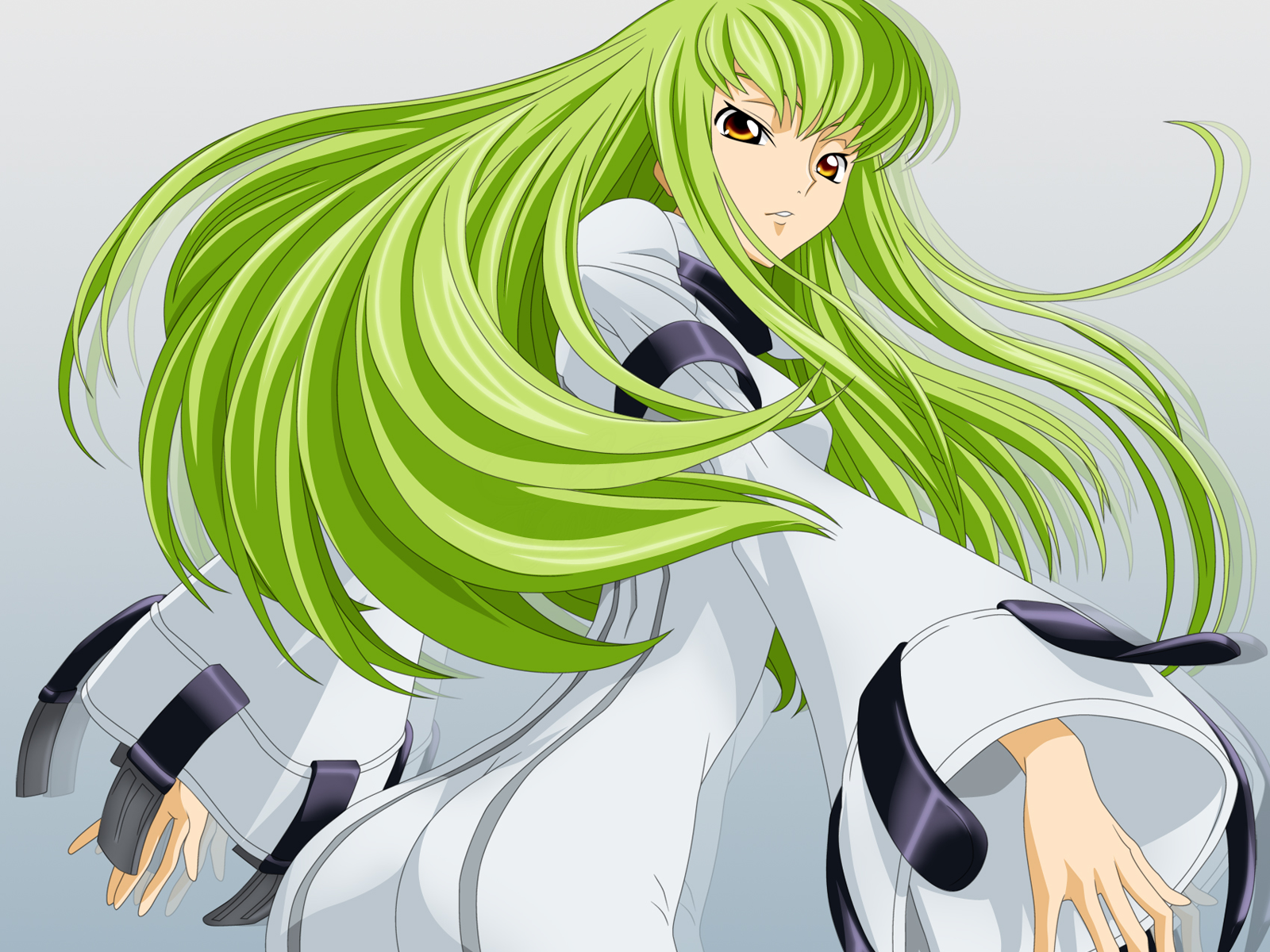 c.c., code geass, highres, 00s, ass, green hair, long hair, looking back, solo, yellow eyes